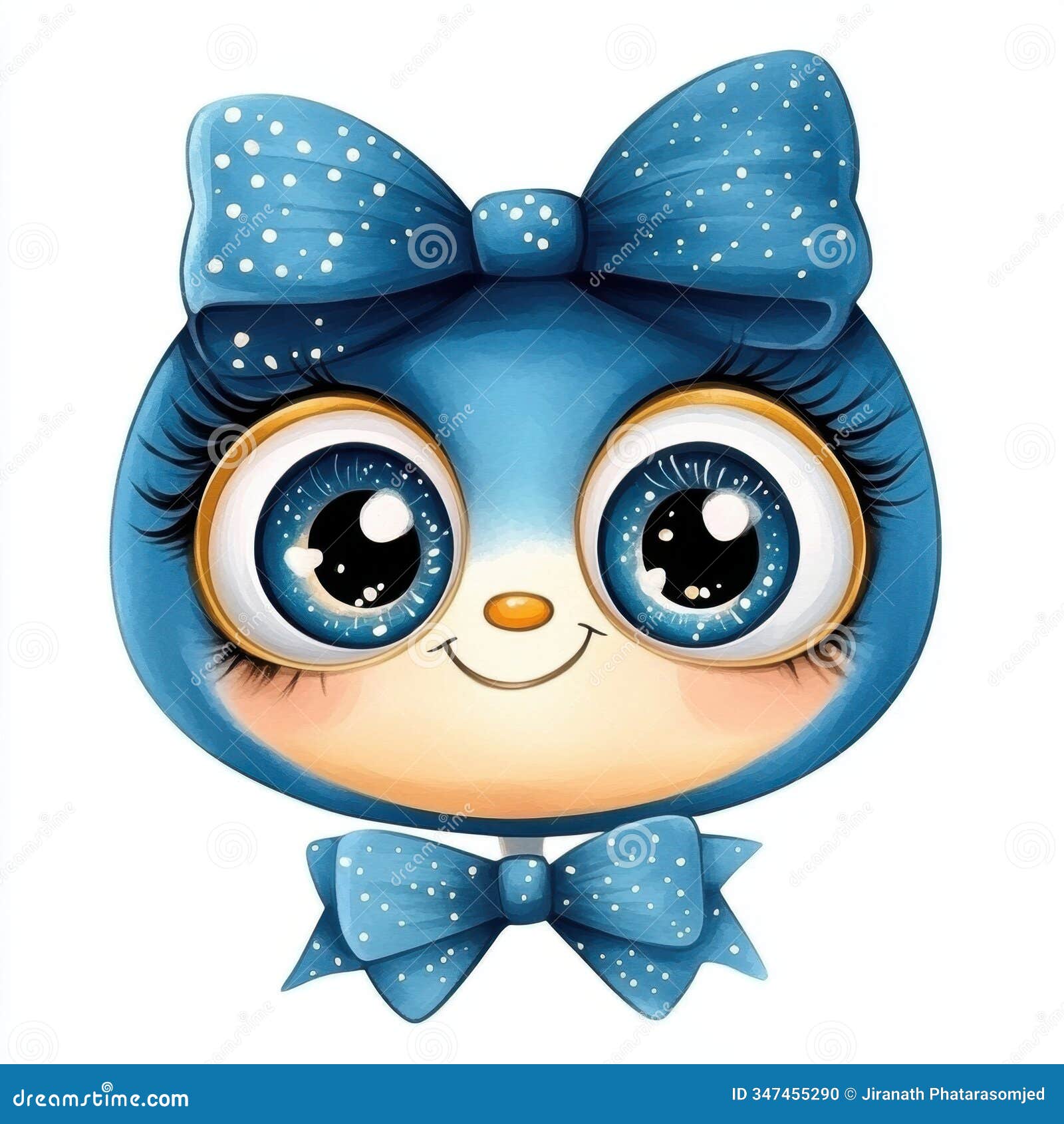 Cute Cartoon Character with Big Eyes and Blue Bow Stock Illustration ...