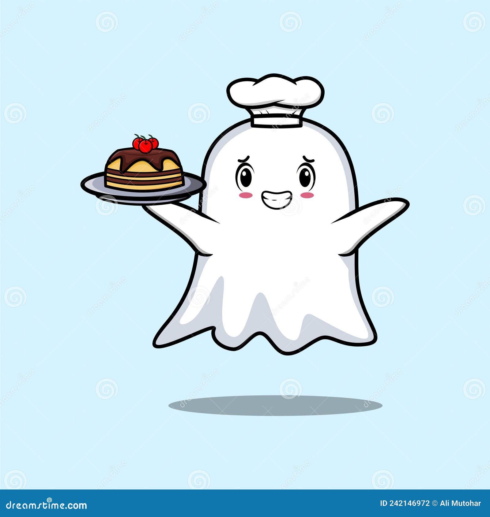 Cute Cartoon Chef Ghost Serving Cake on Tray Stock Vector ...