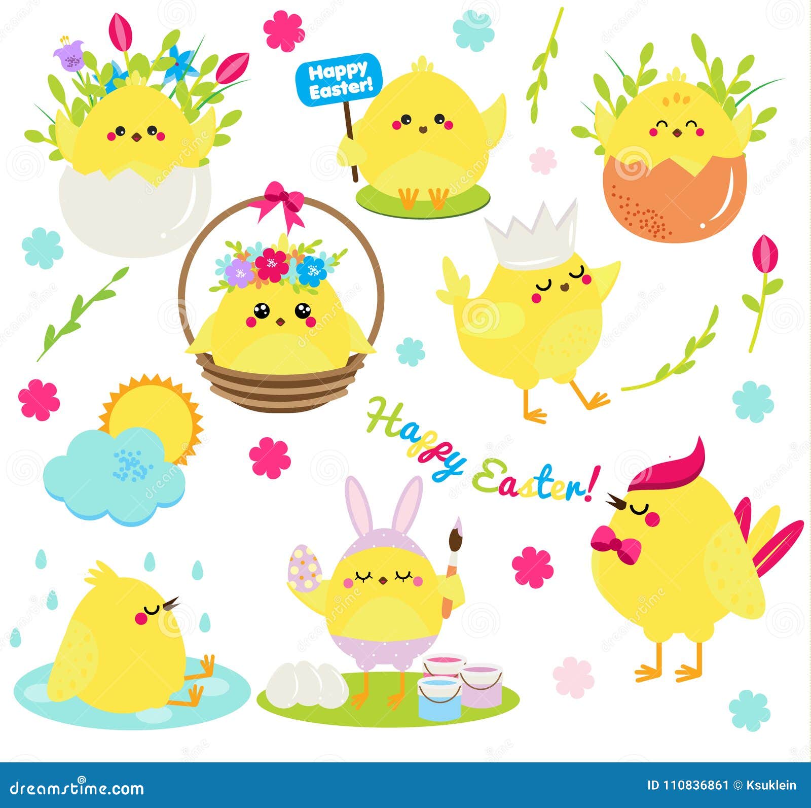 cute cartoon chickens set. easter chickens in eggs anf flowers, singing, painting and having fun.  clip art for easter des