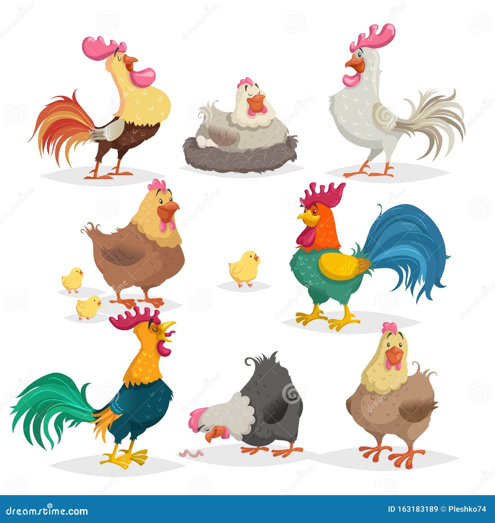 Cute Cartoon Chickens Set. Roosters and Hens in Different Poses. Little  Chicks. Farm Birds and Animals Collection Stock Vector - Illustration of  collection, easter: 163183189