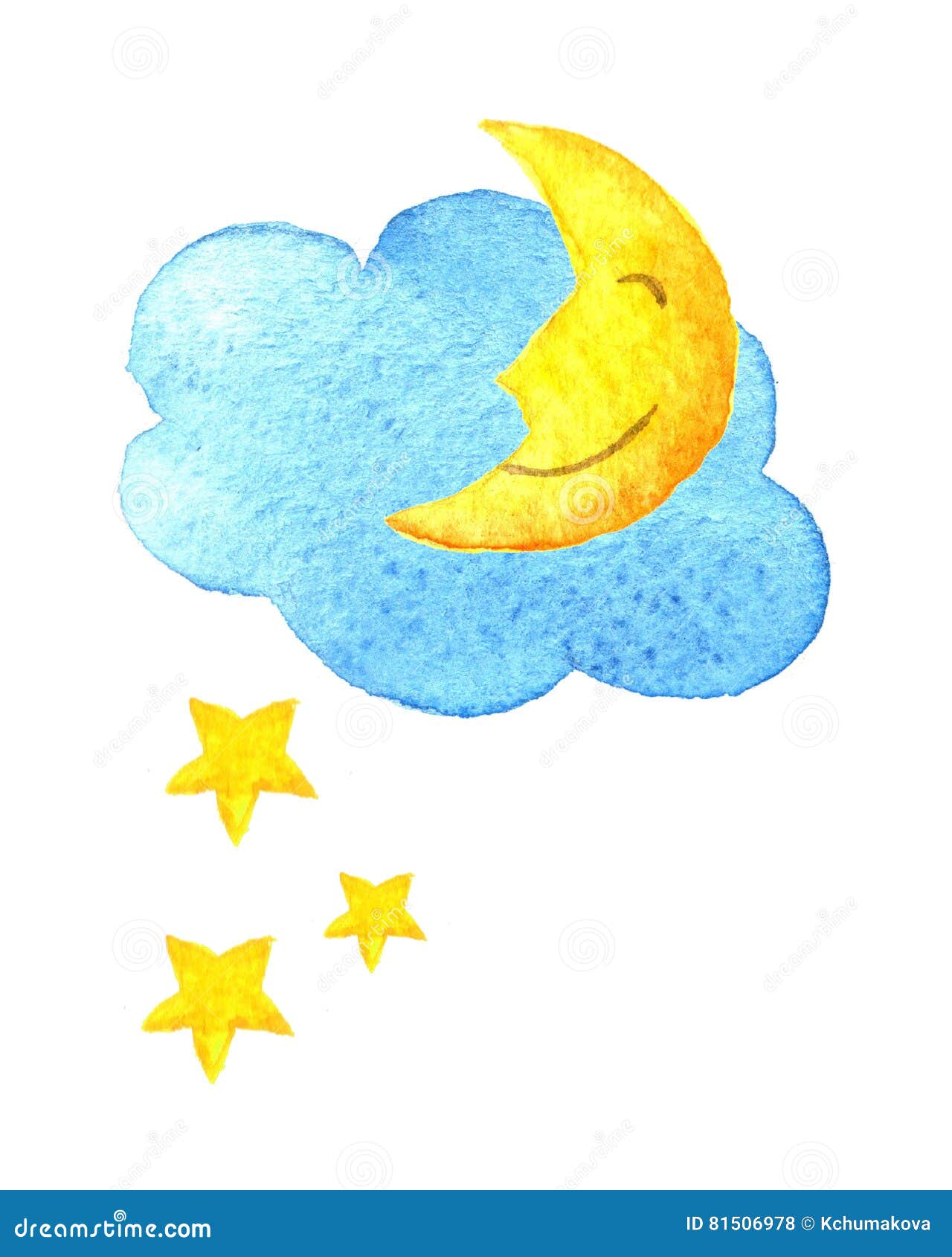 Cute Cartoon Cloud, Stars And Smiling Moon. Hand Drawn Watercolor Illustration. Water-color ...