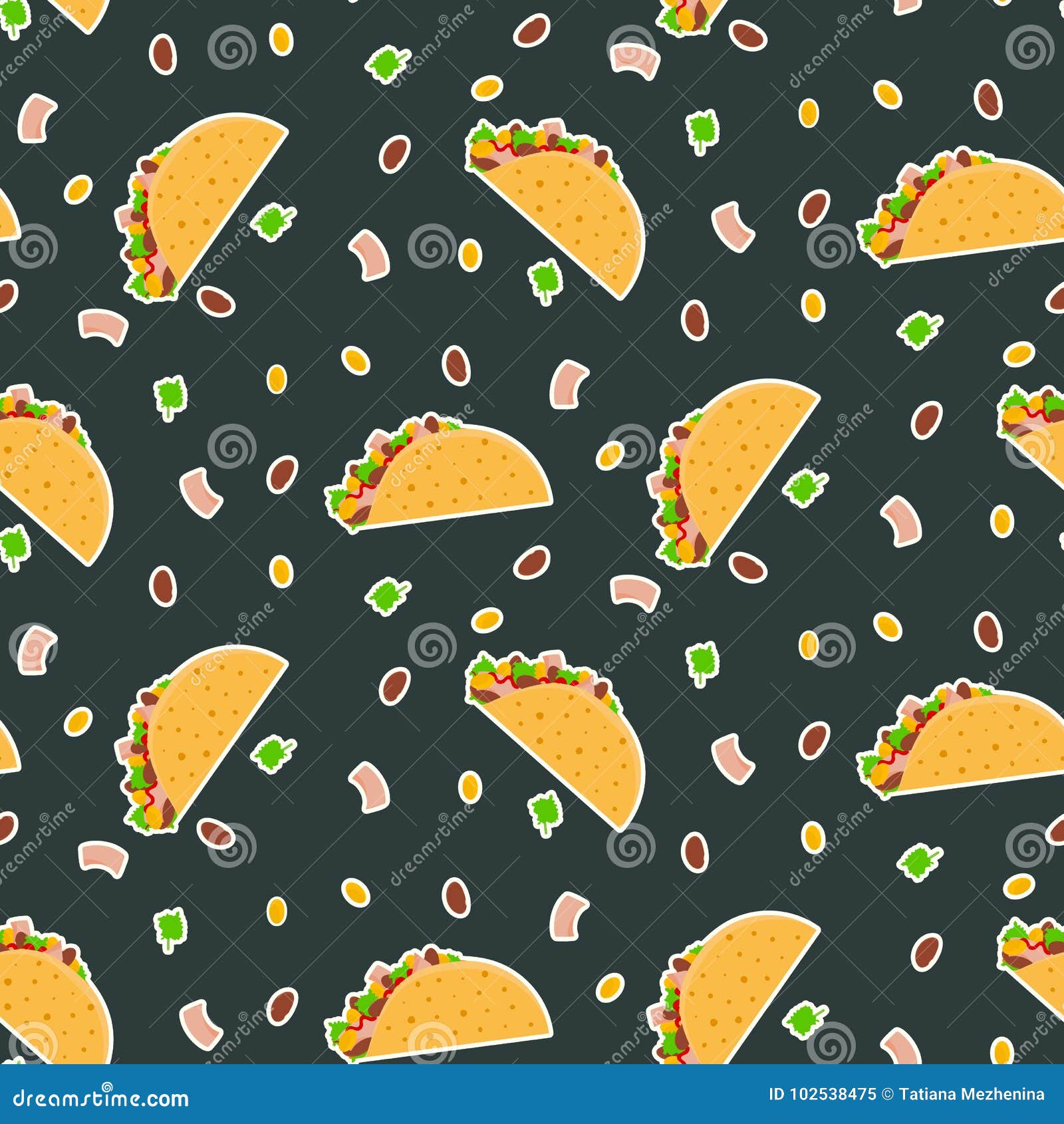 Cute Cartoon Contrast Vector Tacos Pattern on Dark Background Stock Vector  - Illustration of mexico, food: 102538475