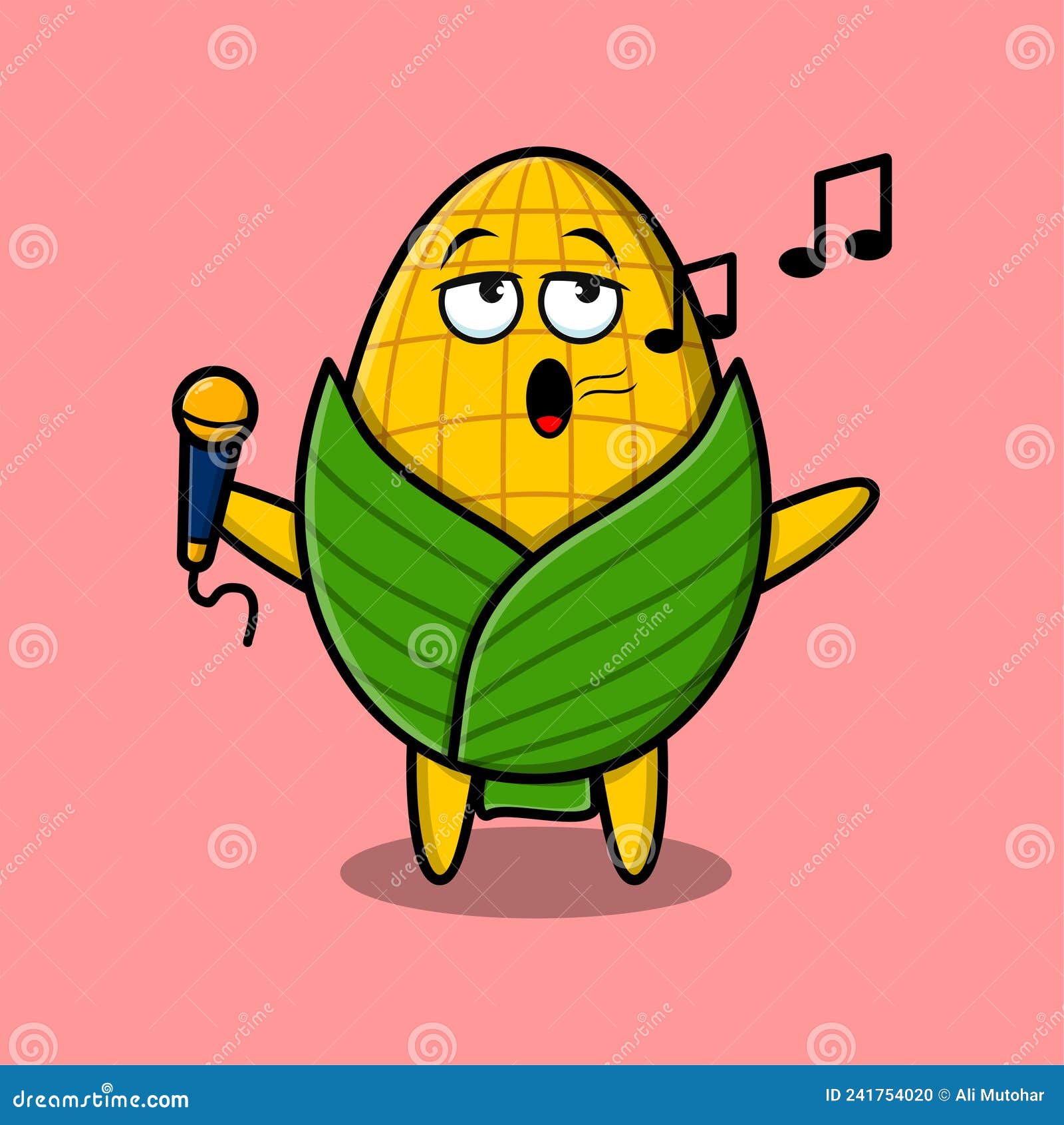 Cute Cartoon Corn Singer Character Holding Mic Stock Vector