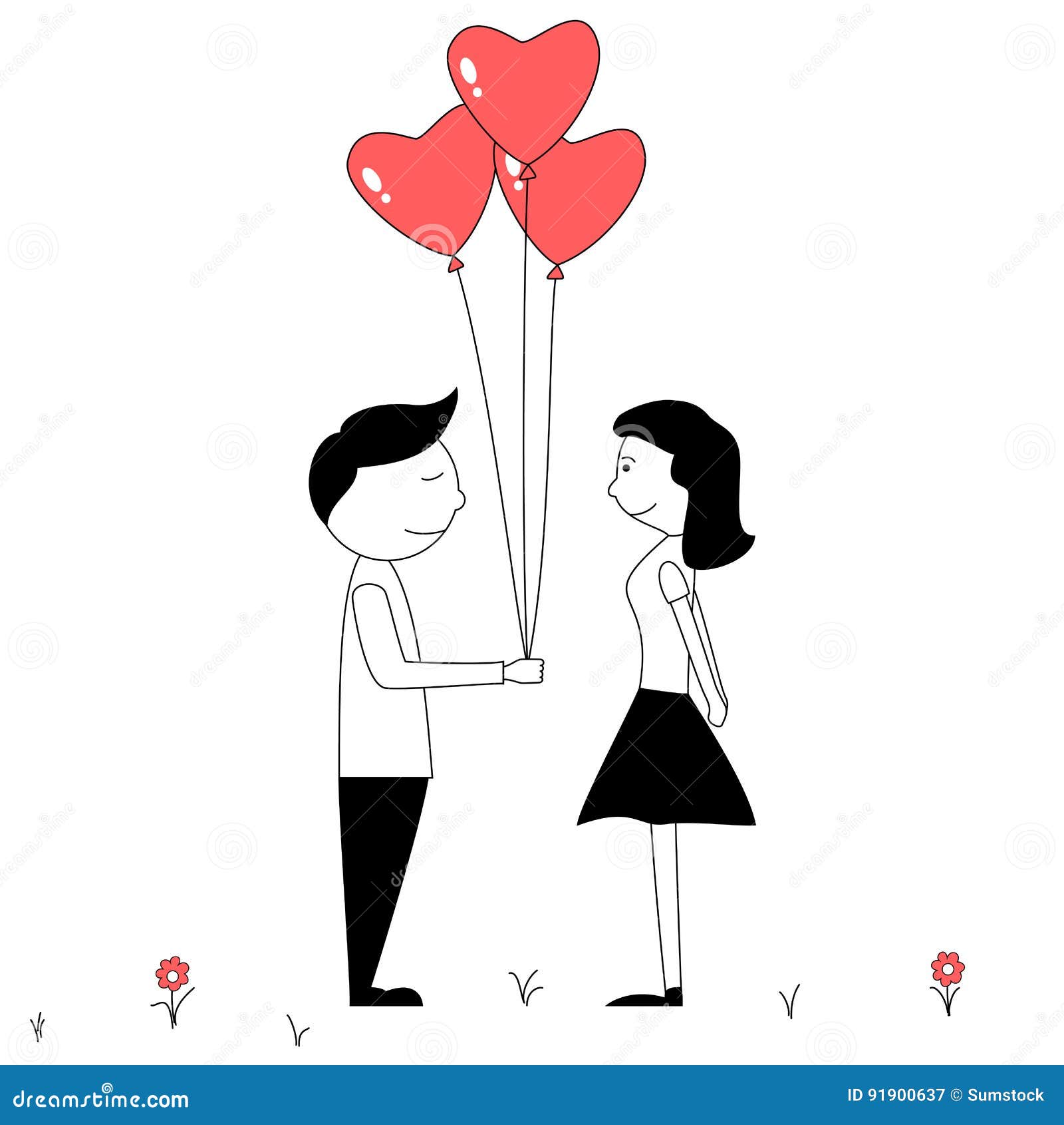 Cute Cartoon Couple with Red Heart Shape Balloons Stock Vector ...