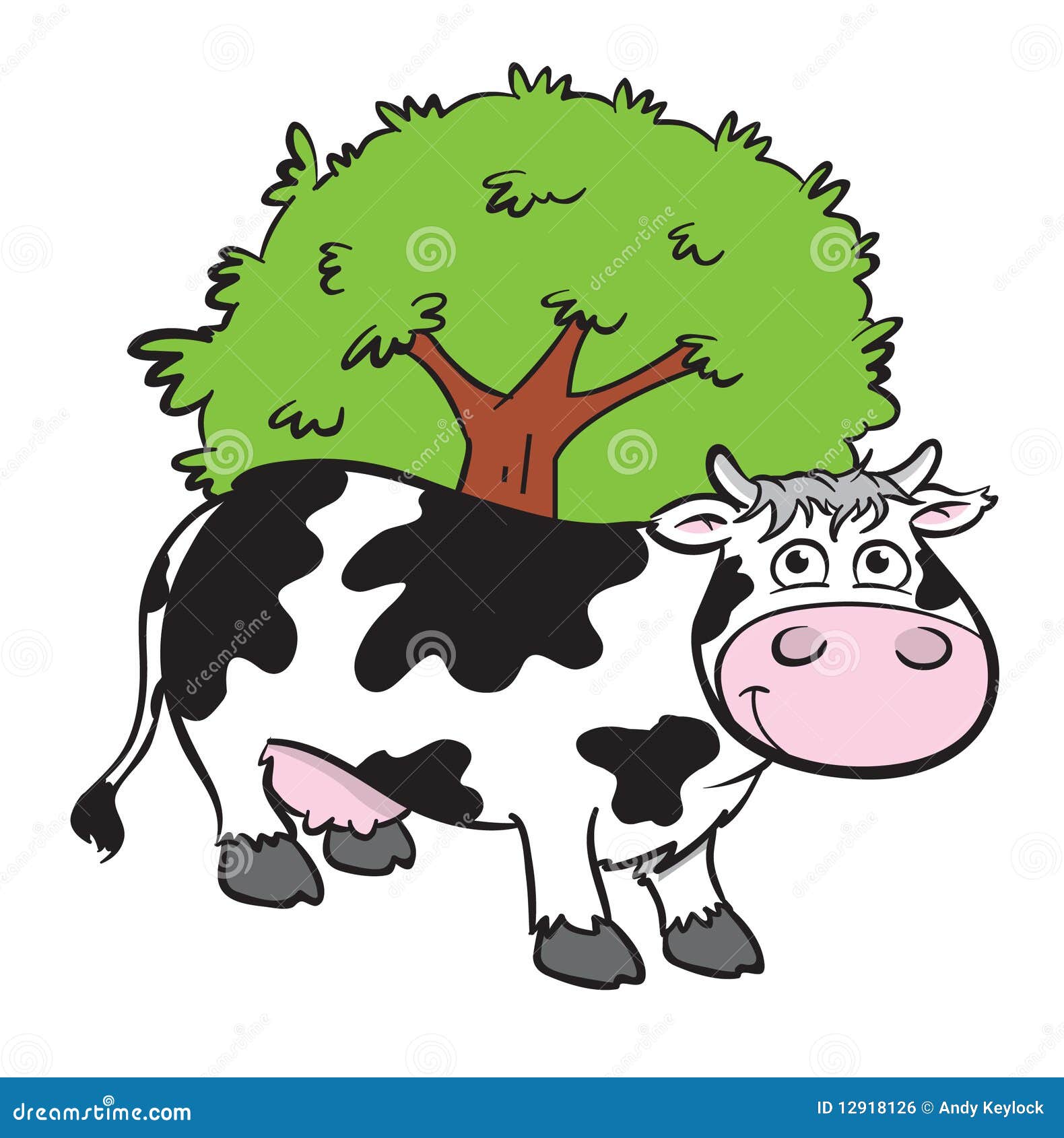  of a cute black and white cow standing in front of a tree