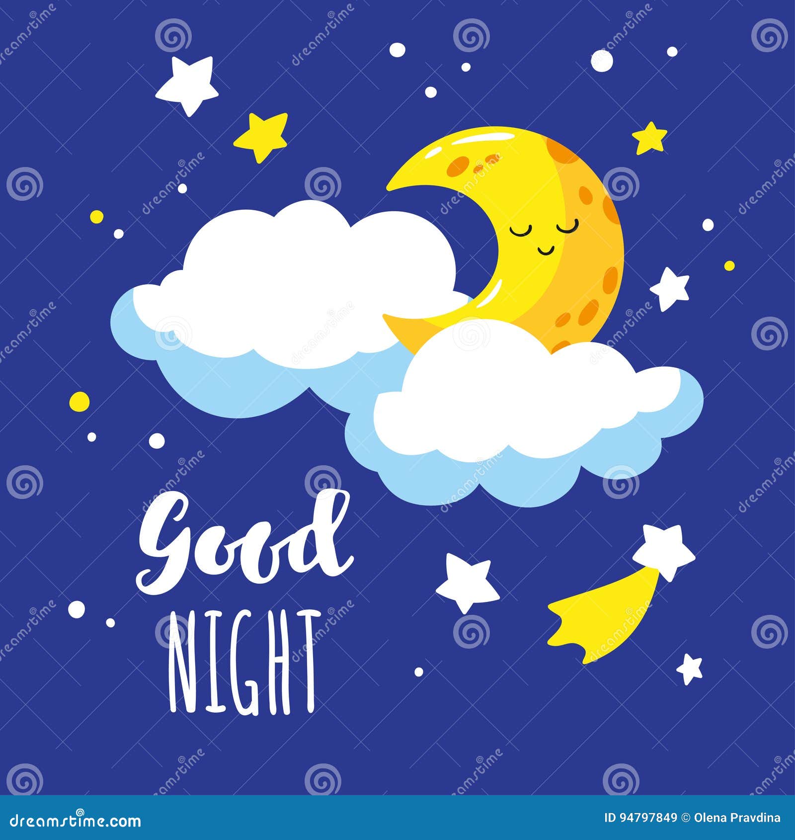 Cute Cartoon Crescent and Clouds in the Night Sky. Handwriting ...
