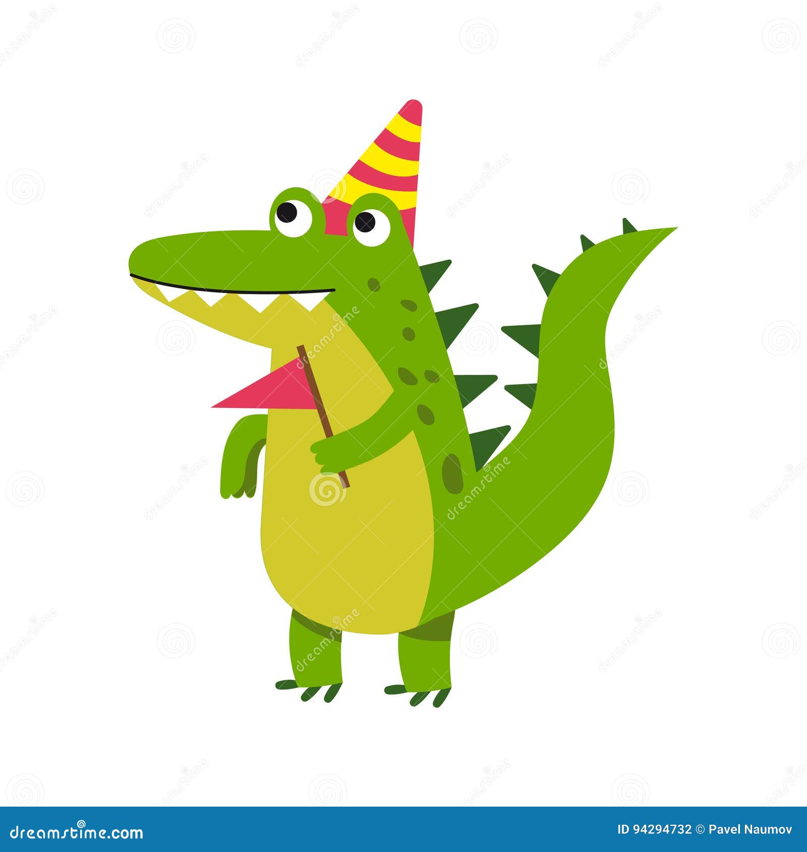 Cute Cartoon Crocodile Character Wearing Party Hat Standing And Holding Pennant Vector