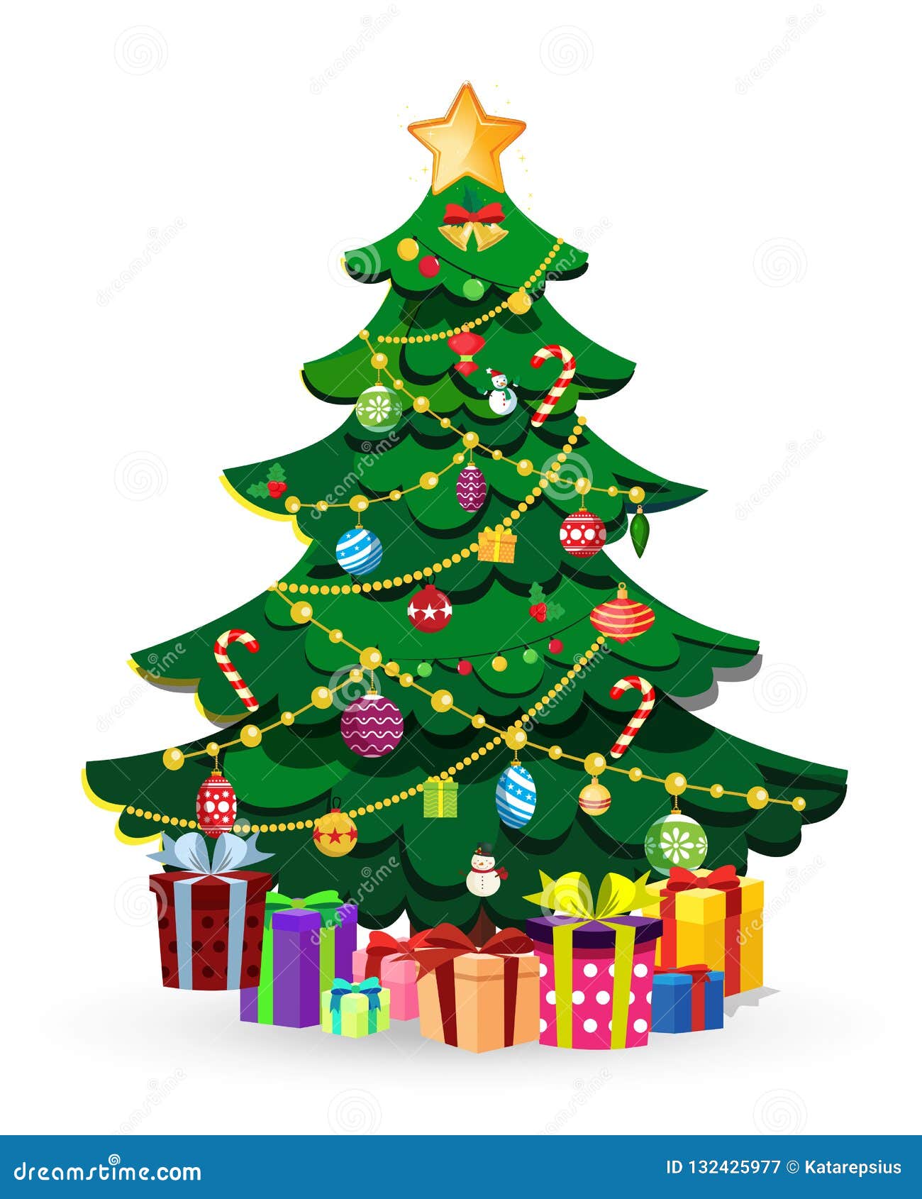 cute cartoon decorated christmas fir tree with many gifts and present boxes