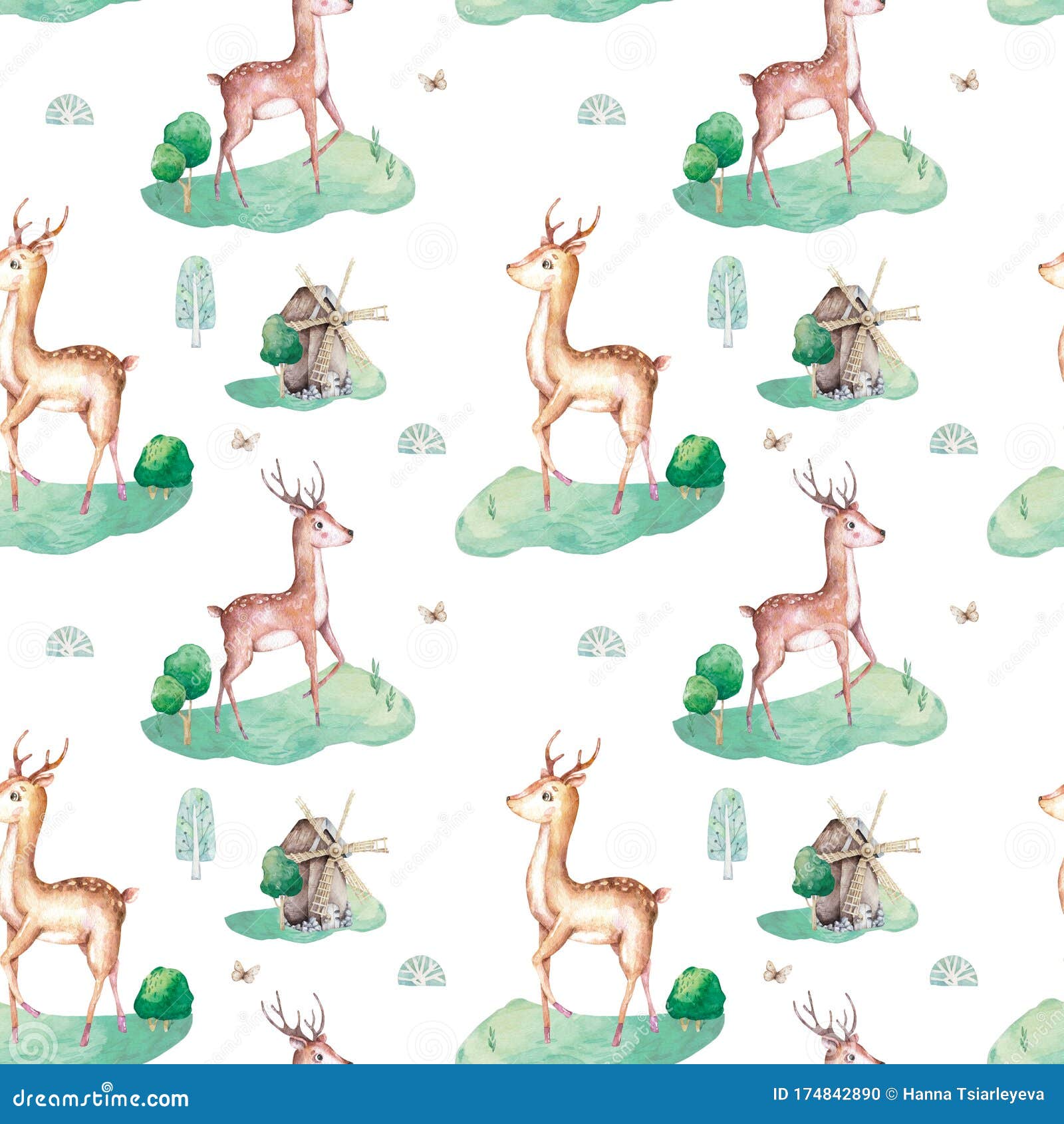 Cute Cartoon Deer and Tree Pattern. Colorful Illustration for Fabric Print,  Wallpaper, Wrapping Paper. Wood Land Animals. Forest Stock Illustration -  Illustration of merry, isolated: 174842890