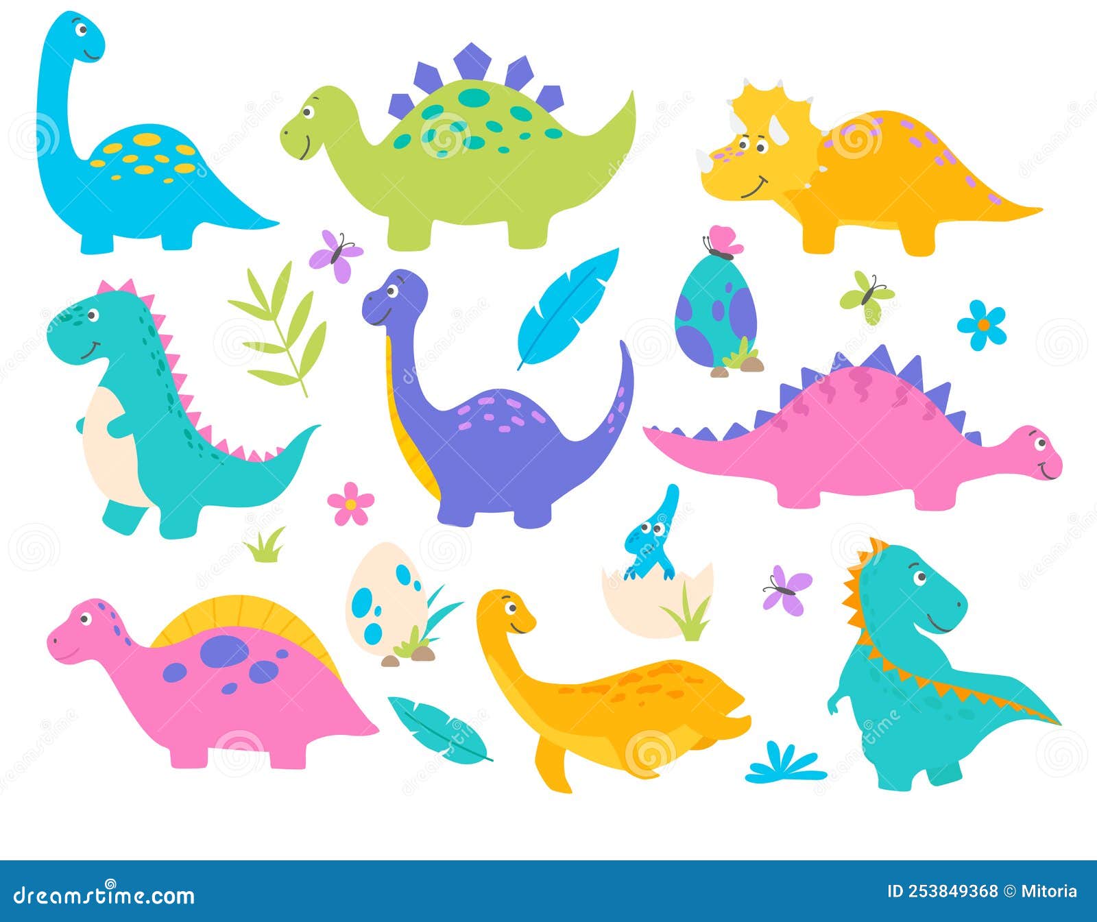 Cute Cartoon Dinosaur Collection. Dino Characters Comic Flat Style ...
