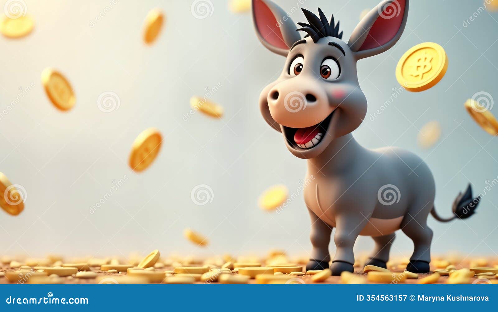cute cartoon donkey happy, smiling. gold coins rain down around. scene shows abundance, wealth. 3d  style evident.