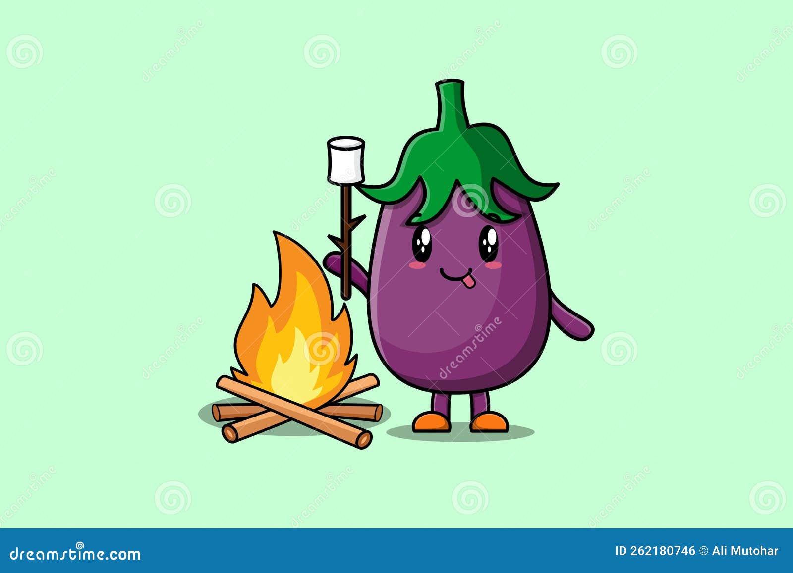 Cute Cartoon Eggplant is Burning Marshmallow Stock Vector Illustration of food, cooking 262180746