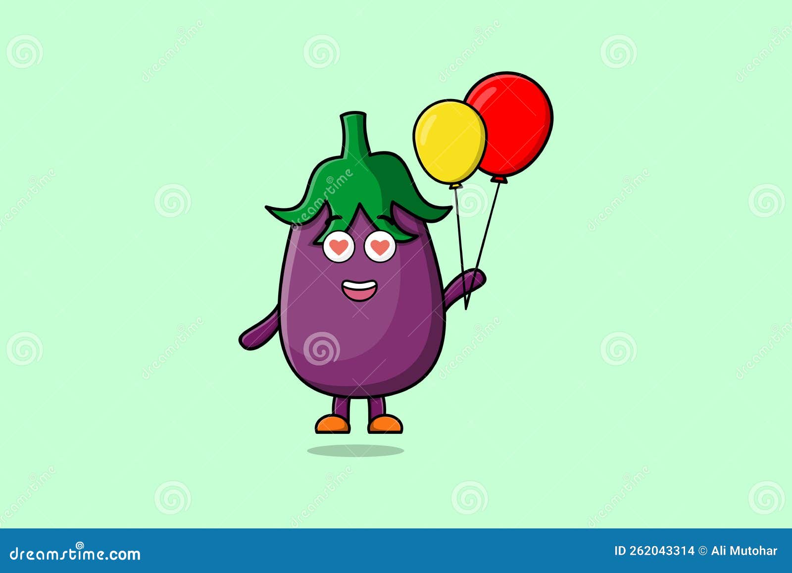 Cute Cartoon Eggplant Floating with Balloon Stock Vector Illustration