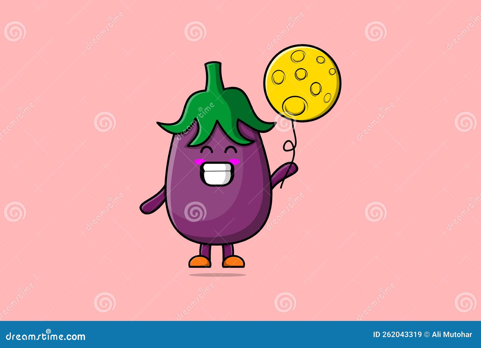 Cute Cartoon Eggplant Floating with Moon Balloon Stock Vector