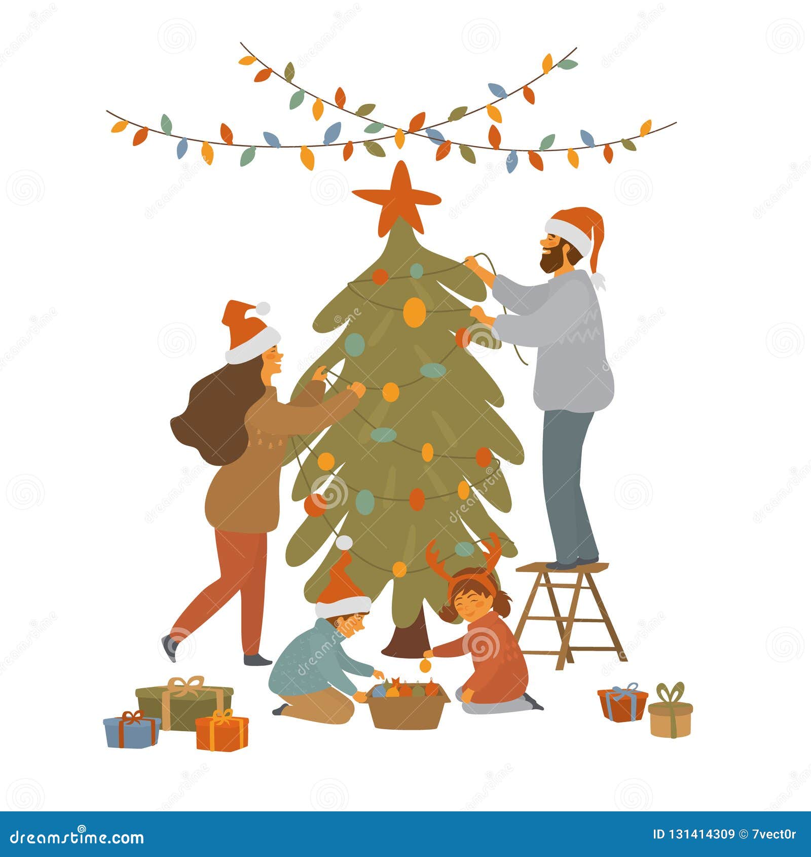 cute cartoon family decorates christmas tree with lights garlands and balls   