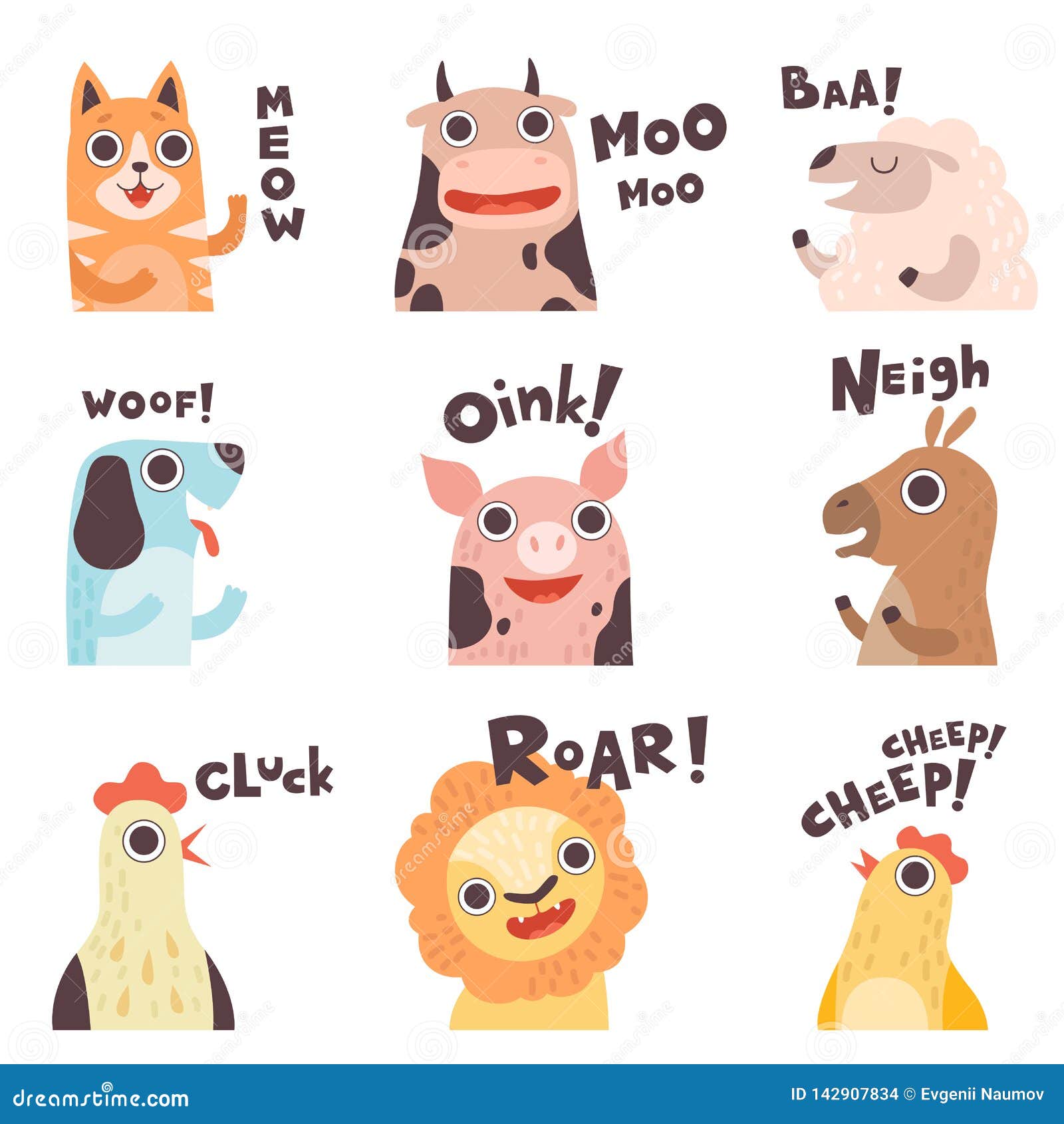Cute Cartoon Farm Animal Making Sounds Set, Cat, Cow, Sheep, Dog, Pig,  Horse, Hen, Lion, Chick Saying Vector Stock Vector - Illustration of bark,  noise: 142907834