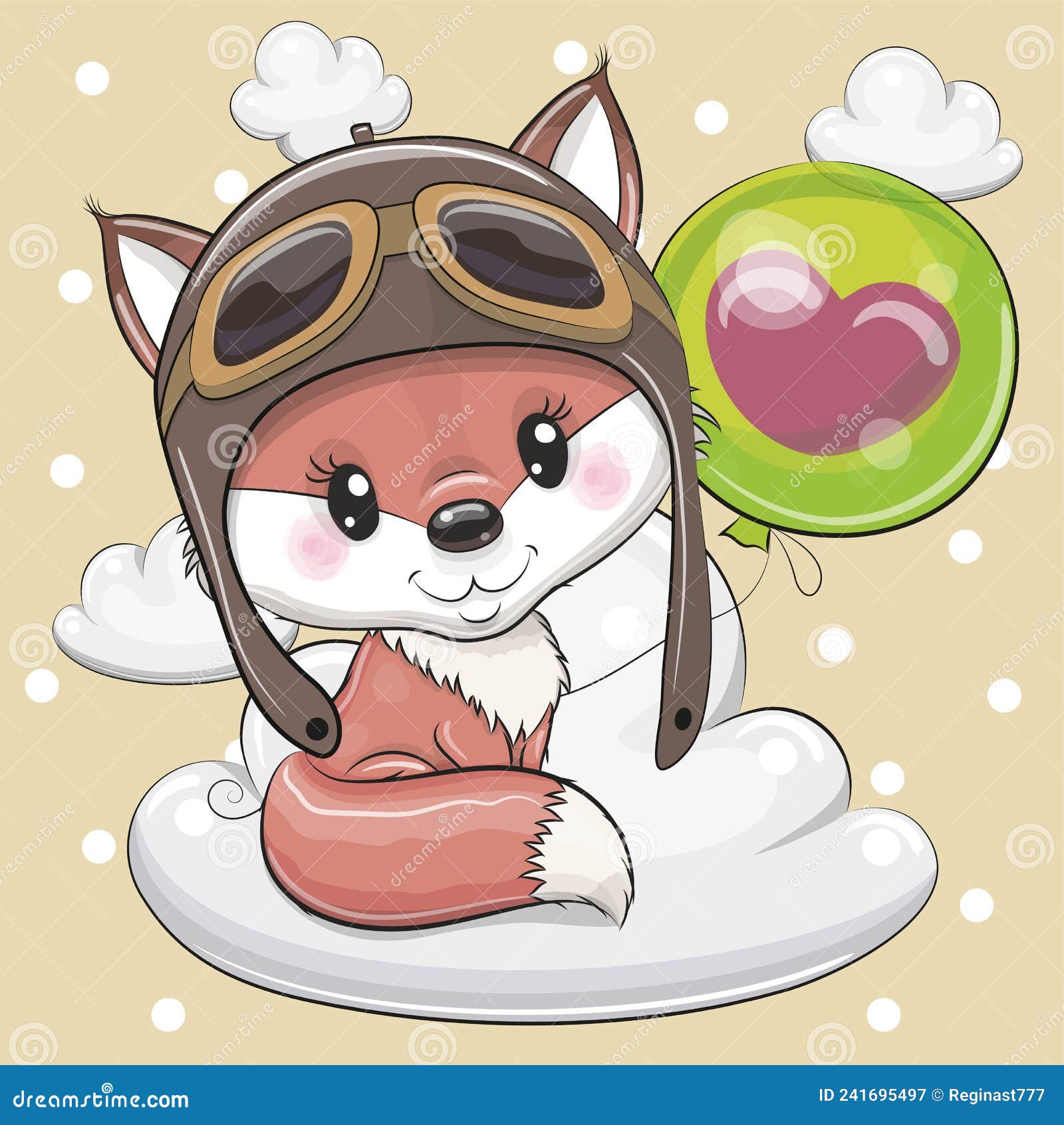 cute cartoon fox in a pilot hat with green balloon on a cloud