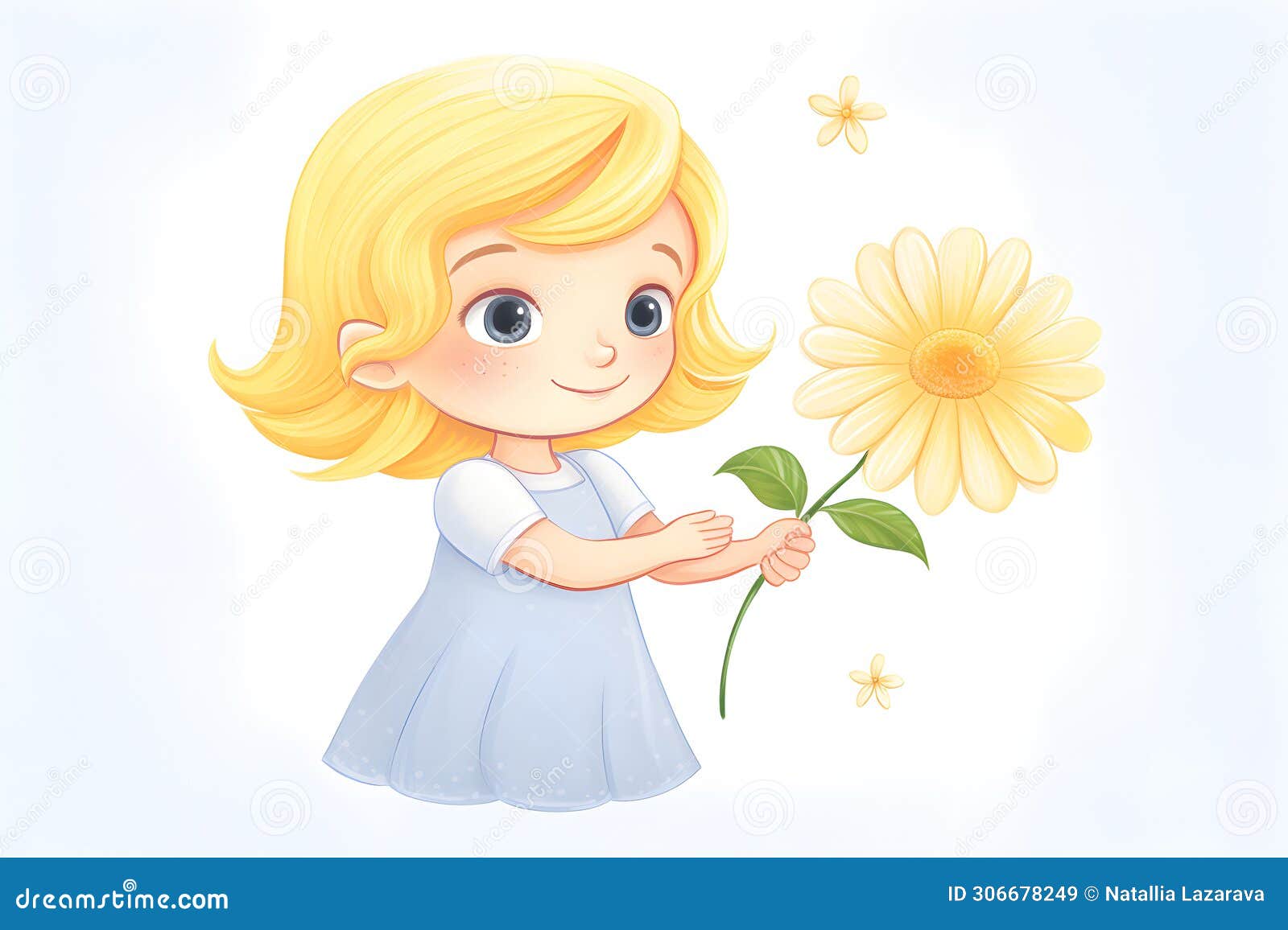 Cute Cartoon Girl with Blonde Hair ,holding a Yellow Flower and Smiling
