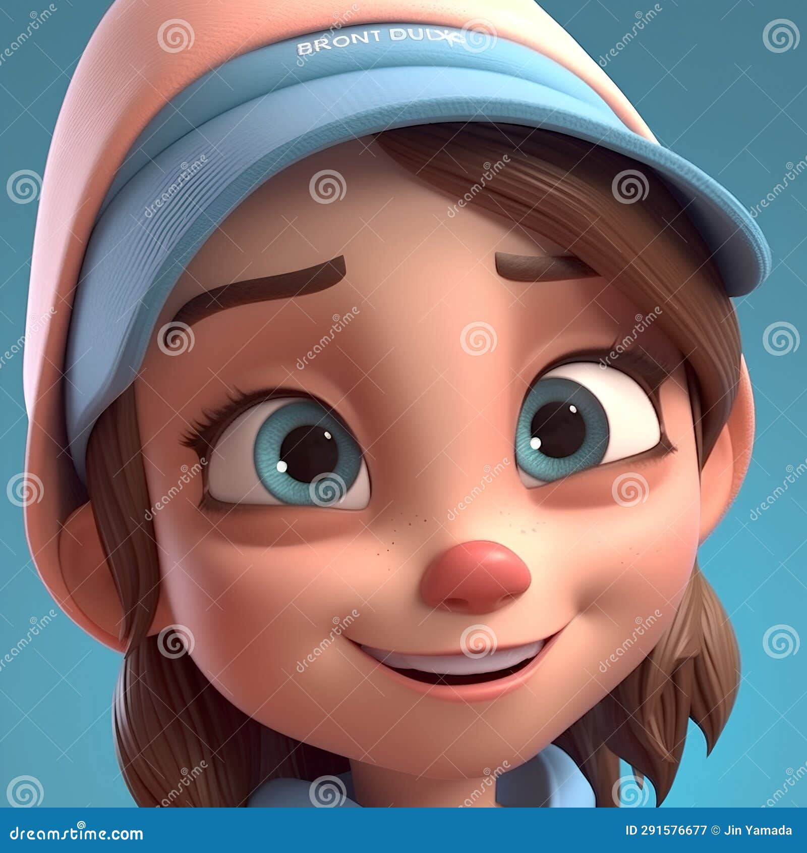 Cute Cartoon Girl with Cap on Blue Background, 3d Render Stock