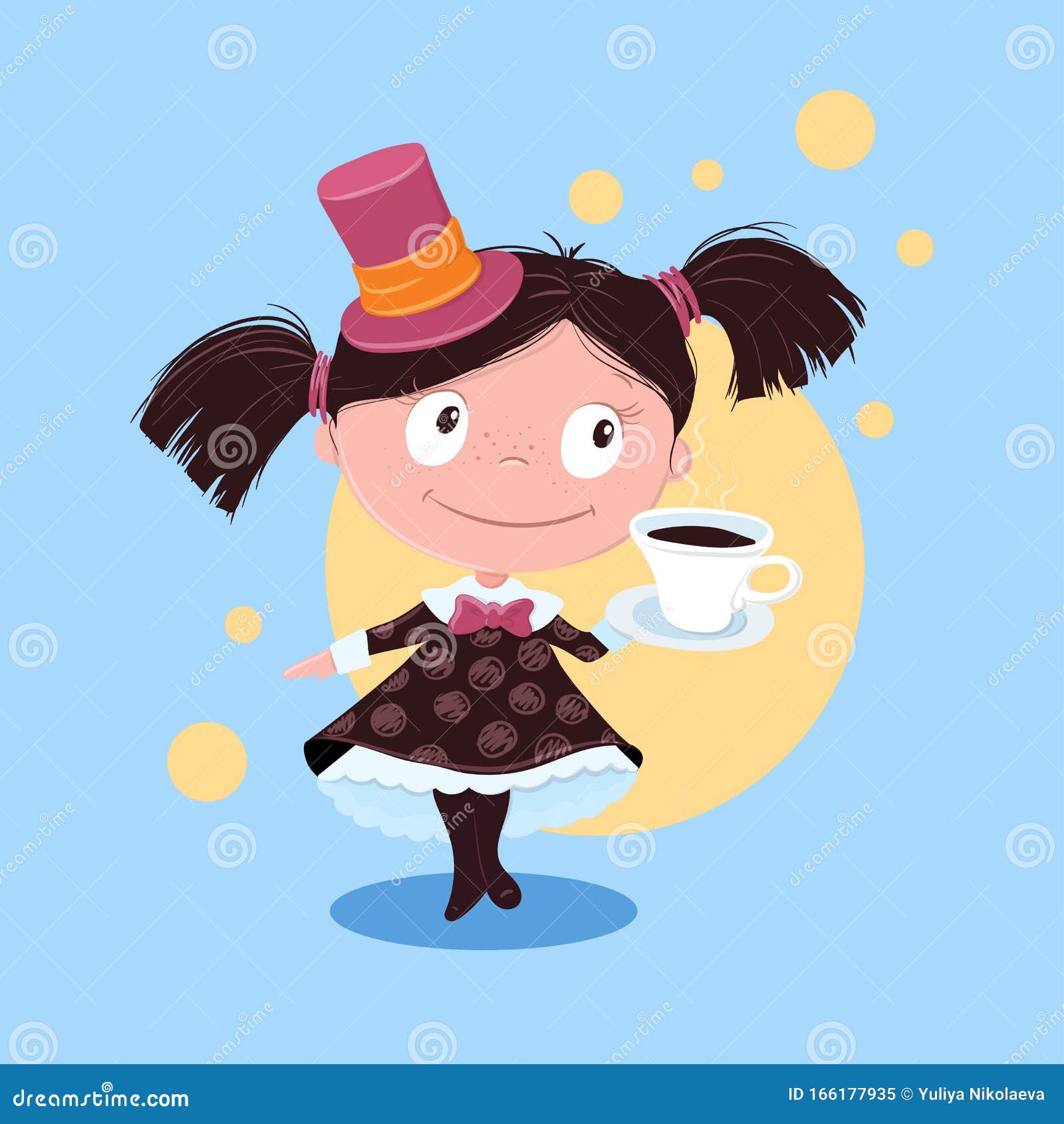 Cute Cartoon Girl in a Hat Serves Coffee. Vector Illustration Stock ...