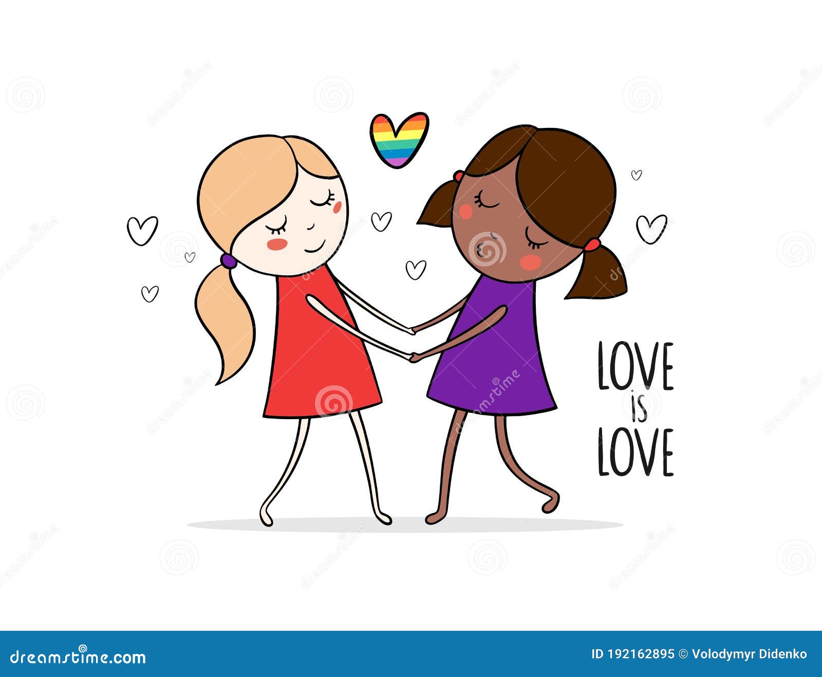 Cute Cartoon Girls in Love with Text Love is Love and Rainbow Heart ...