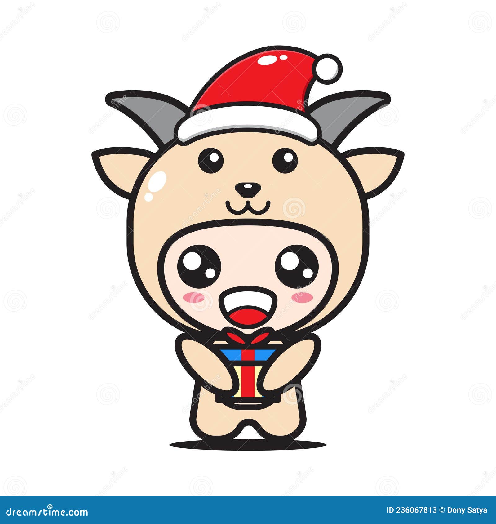 Cute Cartoon Goat with Christmas Gift Stock Vector Illustration of