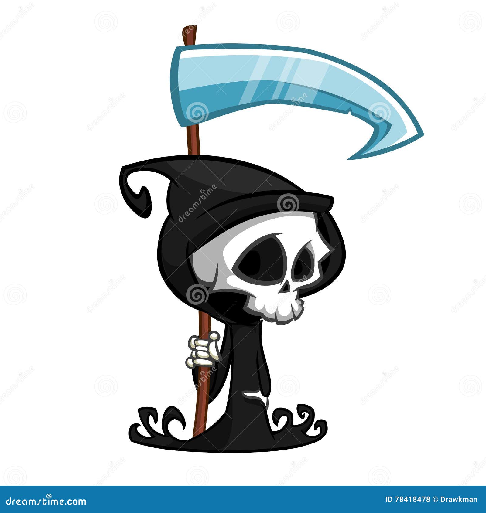 Cute Cartoon Grim Reaper With Scythe Isolated On White