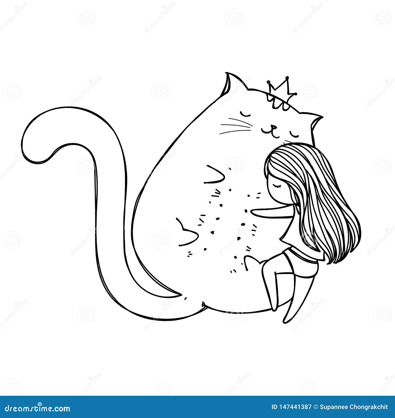 Cute Cartoon Hand Drawn Doodle Girl and Big Cat. Girl Hugging a Cat Cartoon  Hand Drawn. Kawaii Cartoon Sleeping Stock Illustration - Illustration of  banner, graphic: 147441387