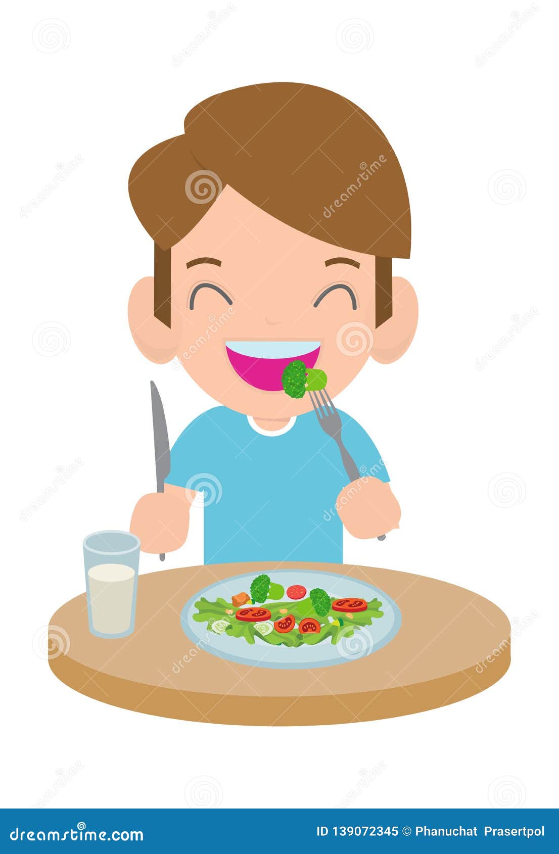 Cute Cartoon Happy Boy Eating Salad. Healthy Vegetable Food and Children Vector Illustration Stock Vector - Illustration of lifestyle, background: 139072345 Cute Cartoon Happy Boy Eating Salad. Healthy Vegetable Food and Children Vector Illustration Stock Vector - Illustration of lifestyle, background: 139072345