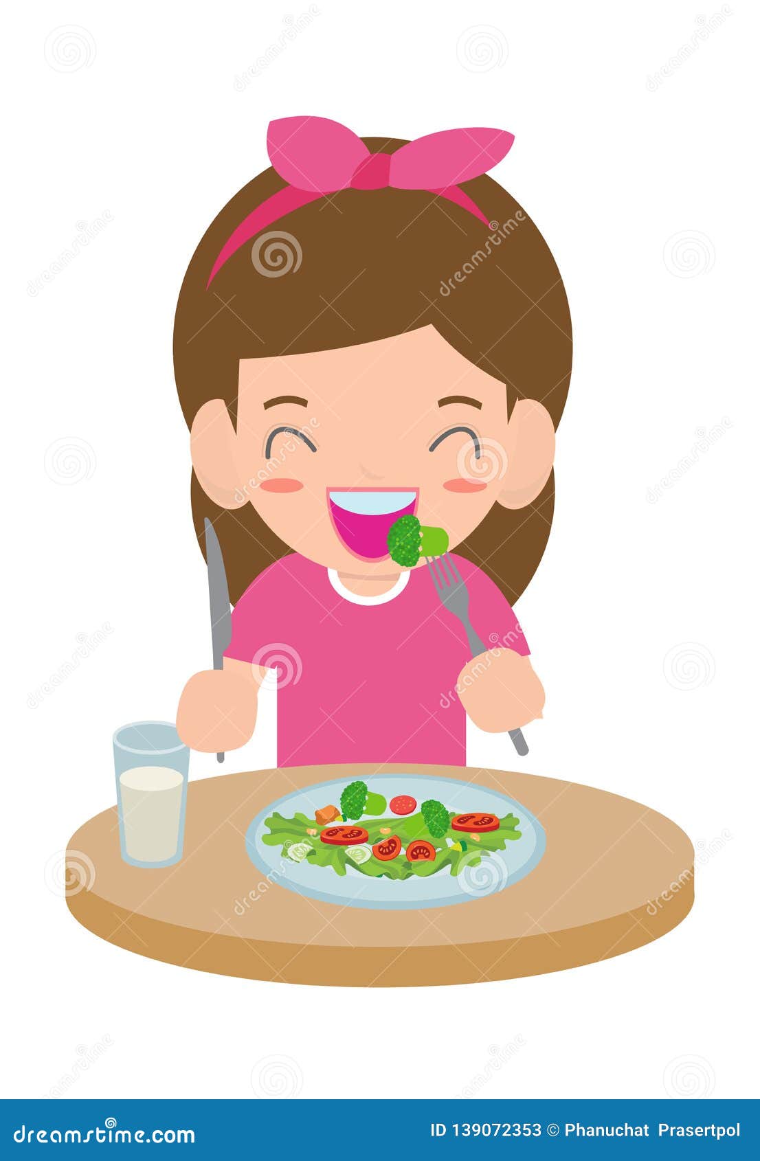 Cute Cartoon Happy Girl Eating Salad. Healthy Vegetable Food and Children  Vector Illustration. Stock Vector - Illustration of dinner, fresh: 139072353