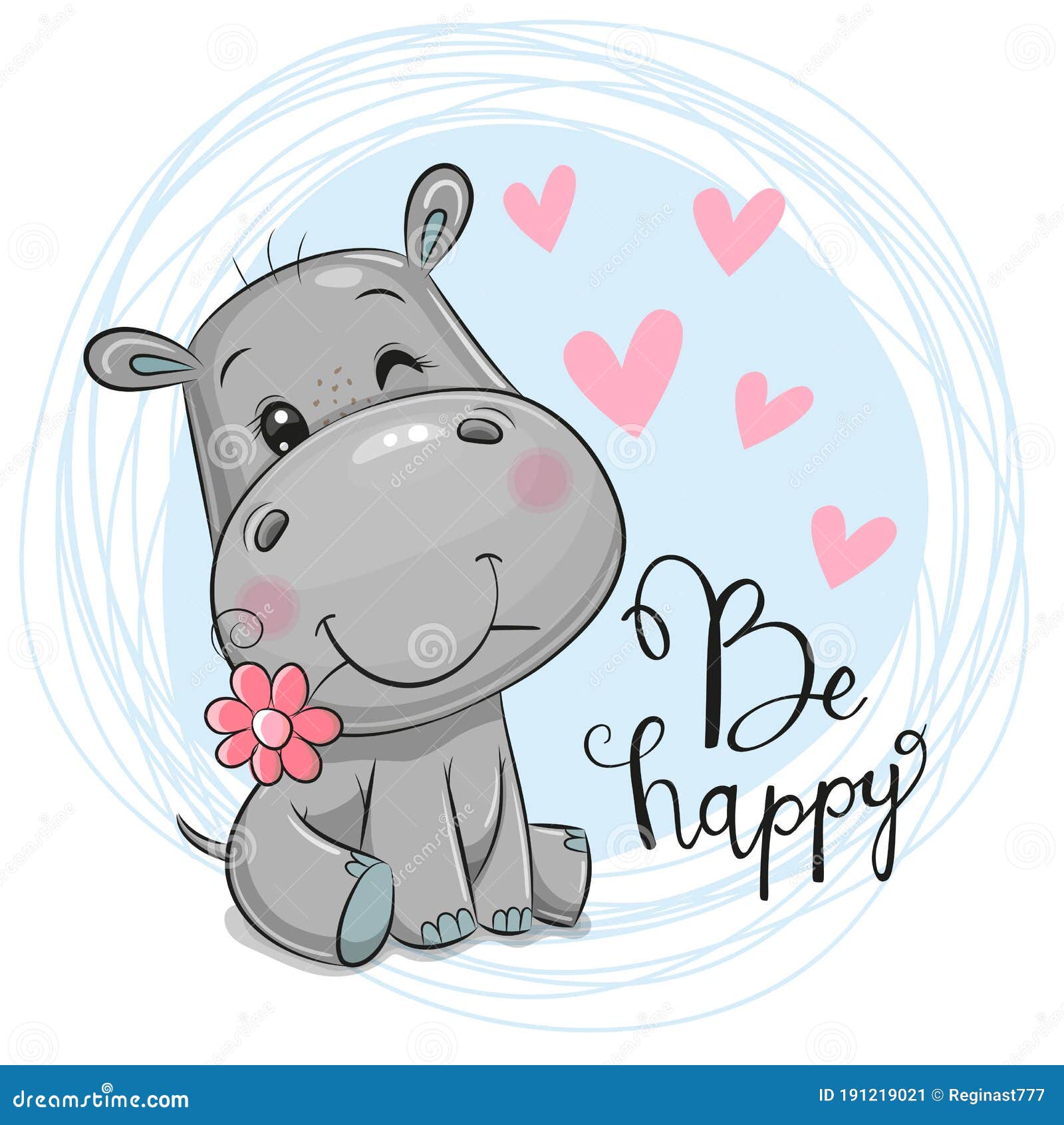cute cartoon hippo with flower on a blue background