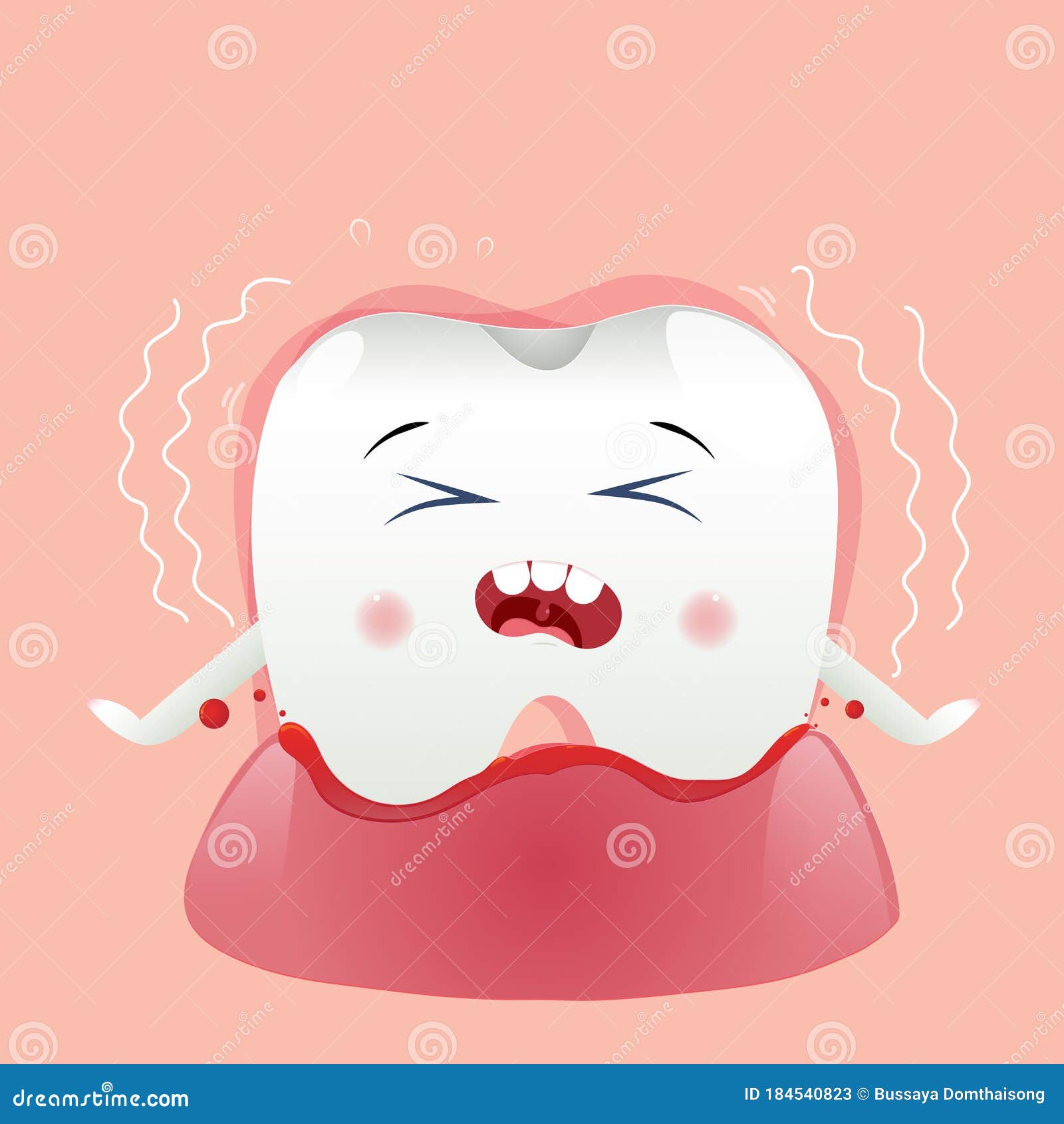 cute cartoon with the injured tooth causing bleeding and pain in the gums children dentistry concept.