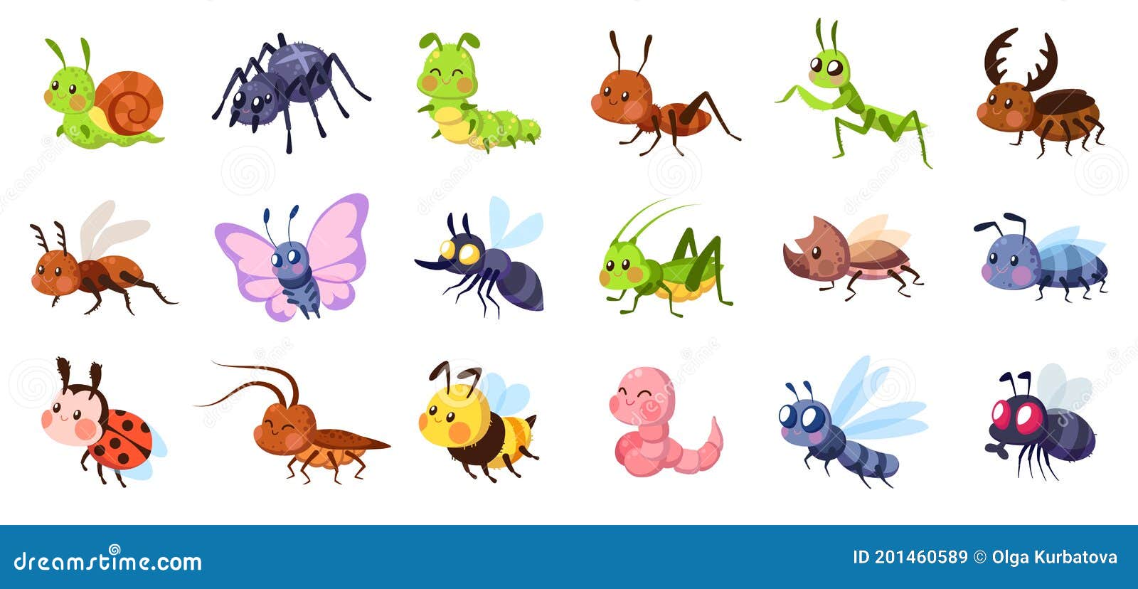 cute cartoon insects. funny little insect characters set baby snail, smile spider and caterpillar, little ant, colorful