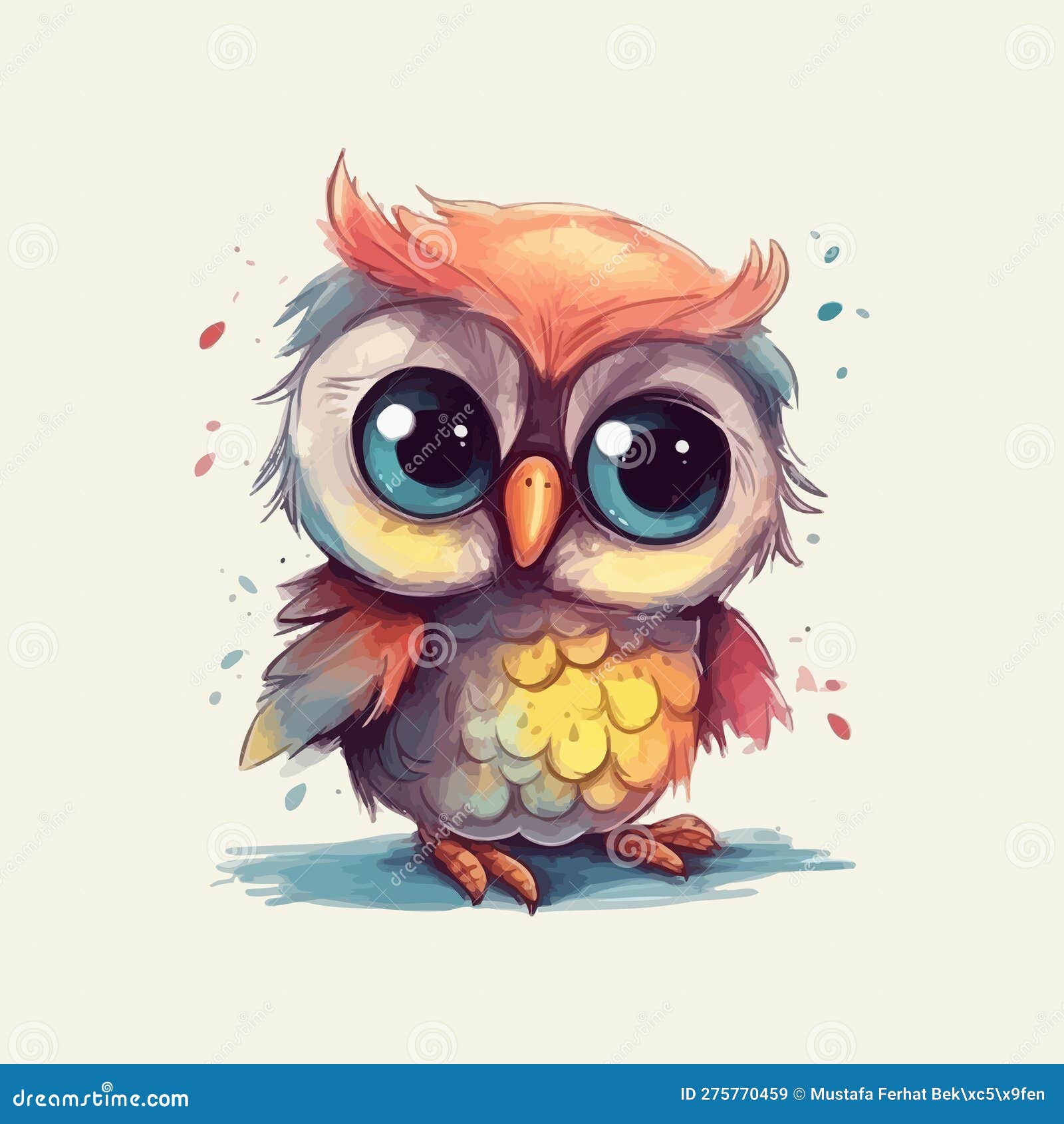 Cute Cartoon Kawaii Baby Owl Watercolor Illustration Stock Vector ...