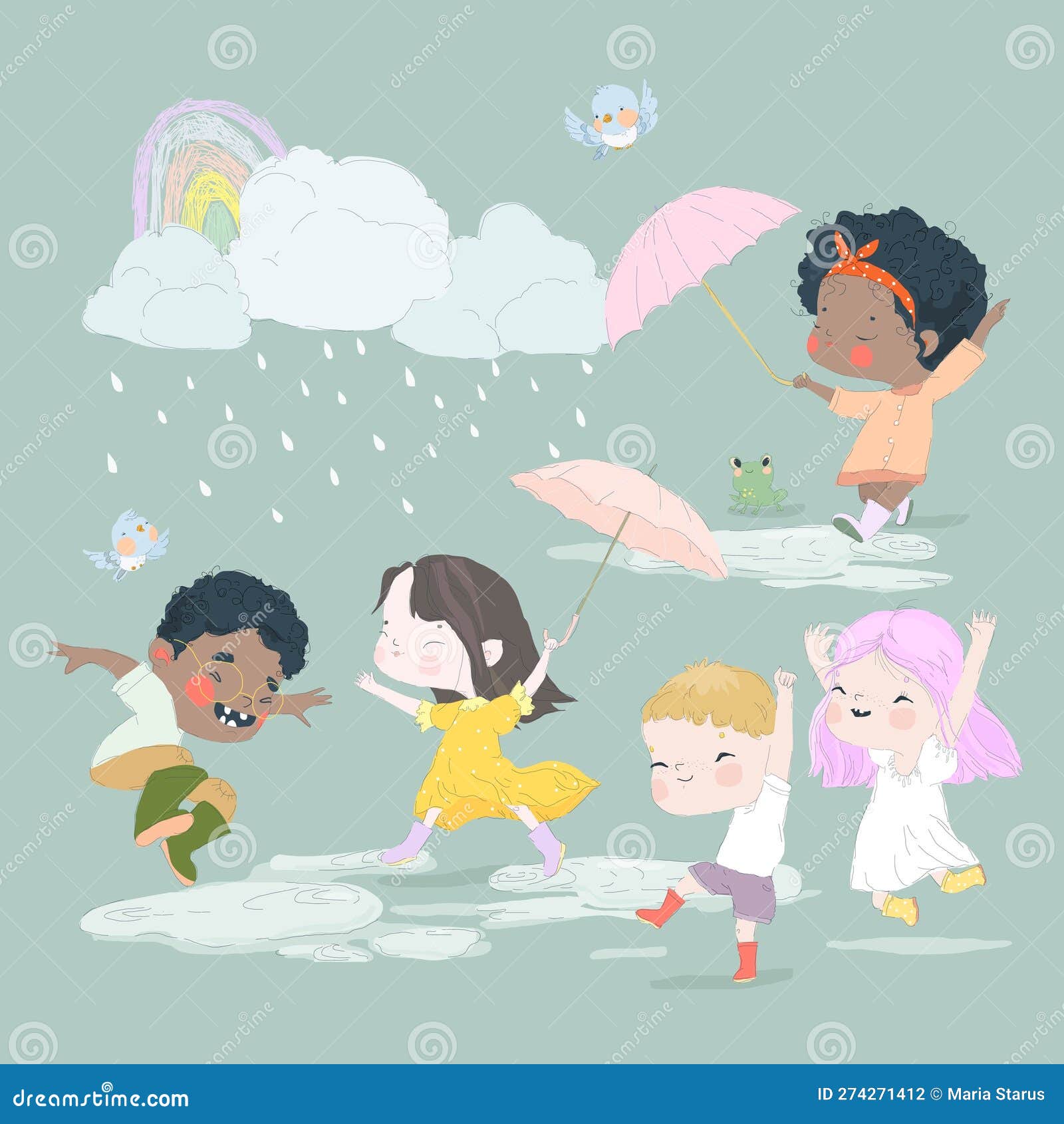 Cute Cartoon Kids Enjoying and Having Fun the Rain Stock Vector ...