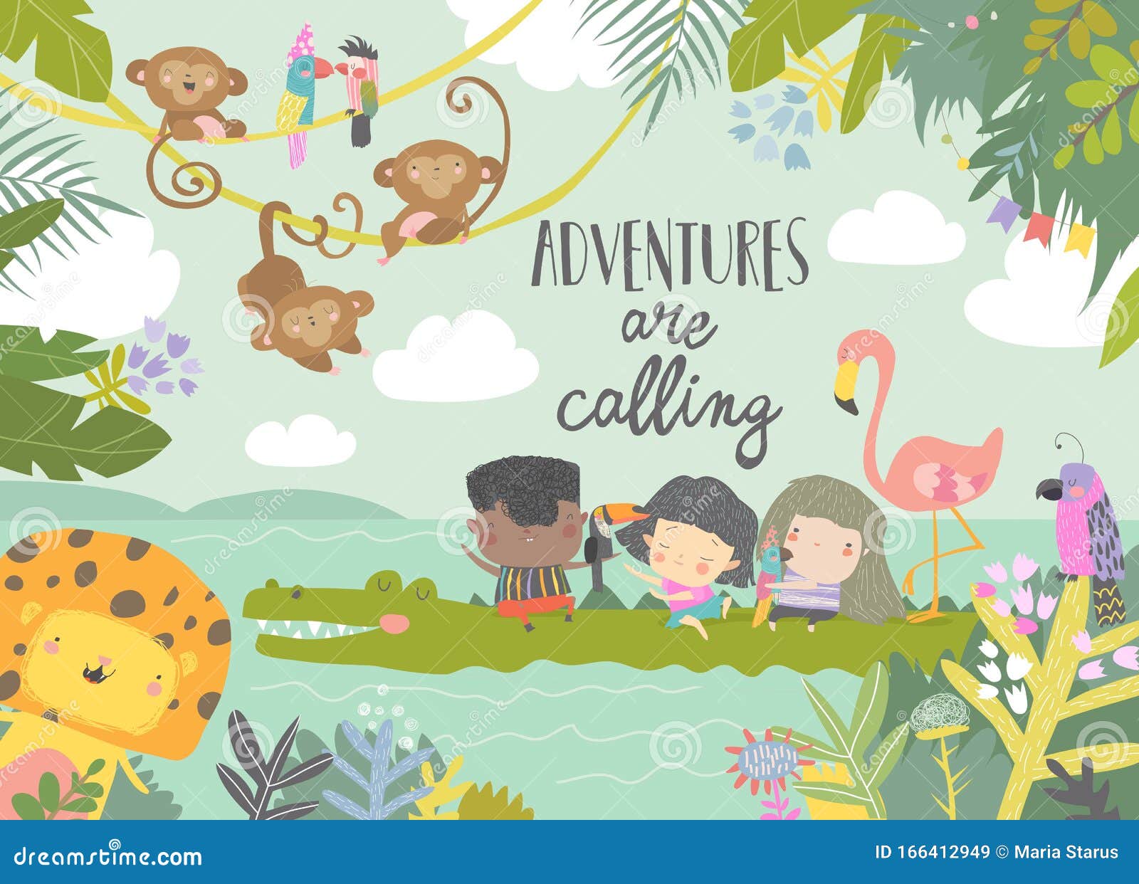 cute cartoon kids travelling with animals. adventures are calling