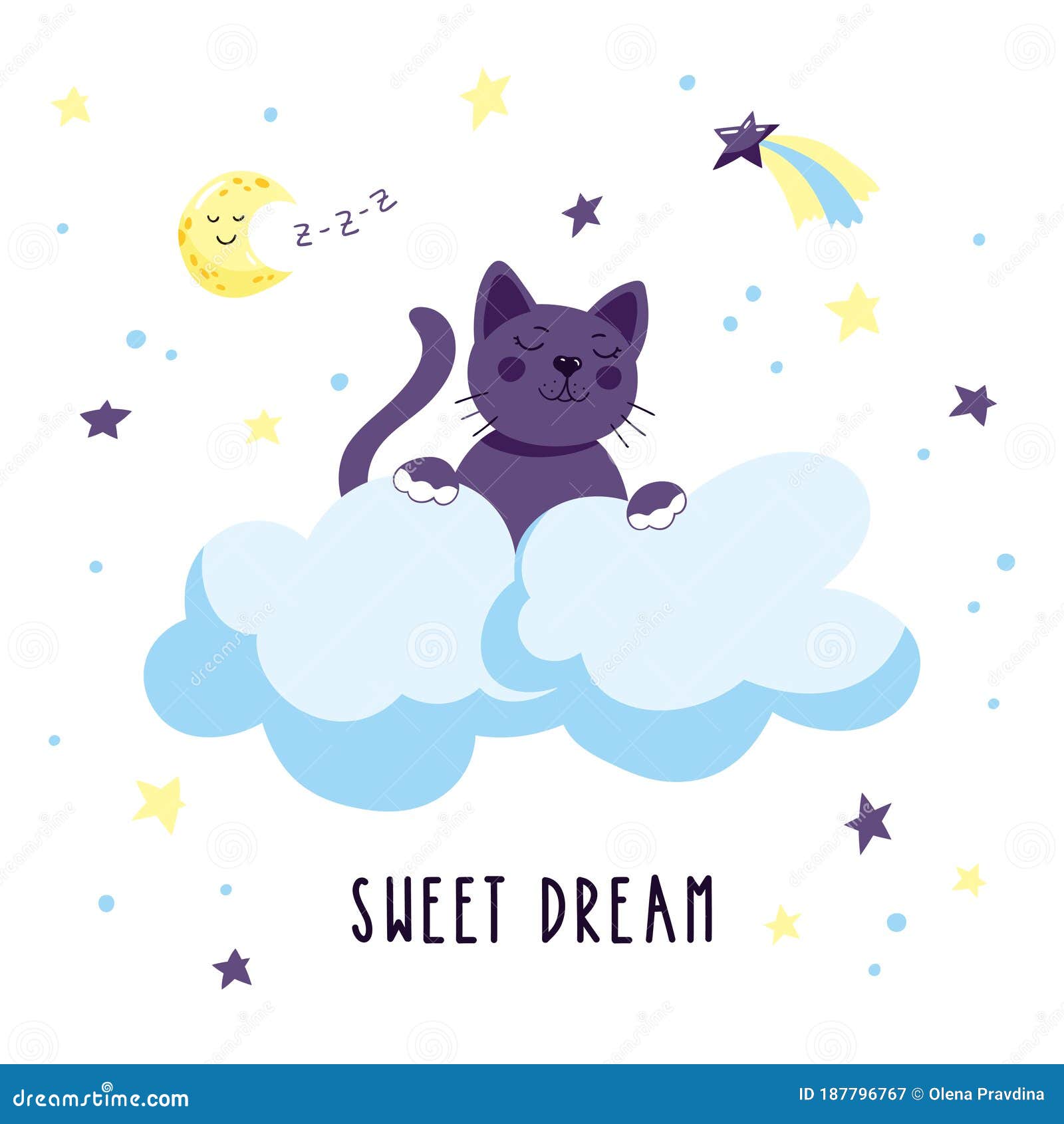 Cute Cartoon Kitten in the Clouds in the Starry Sky. Vector ...