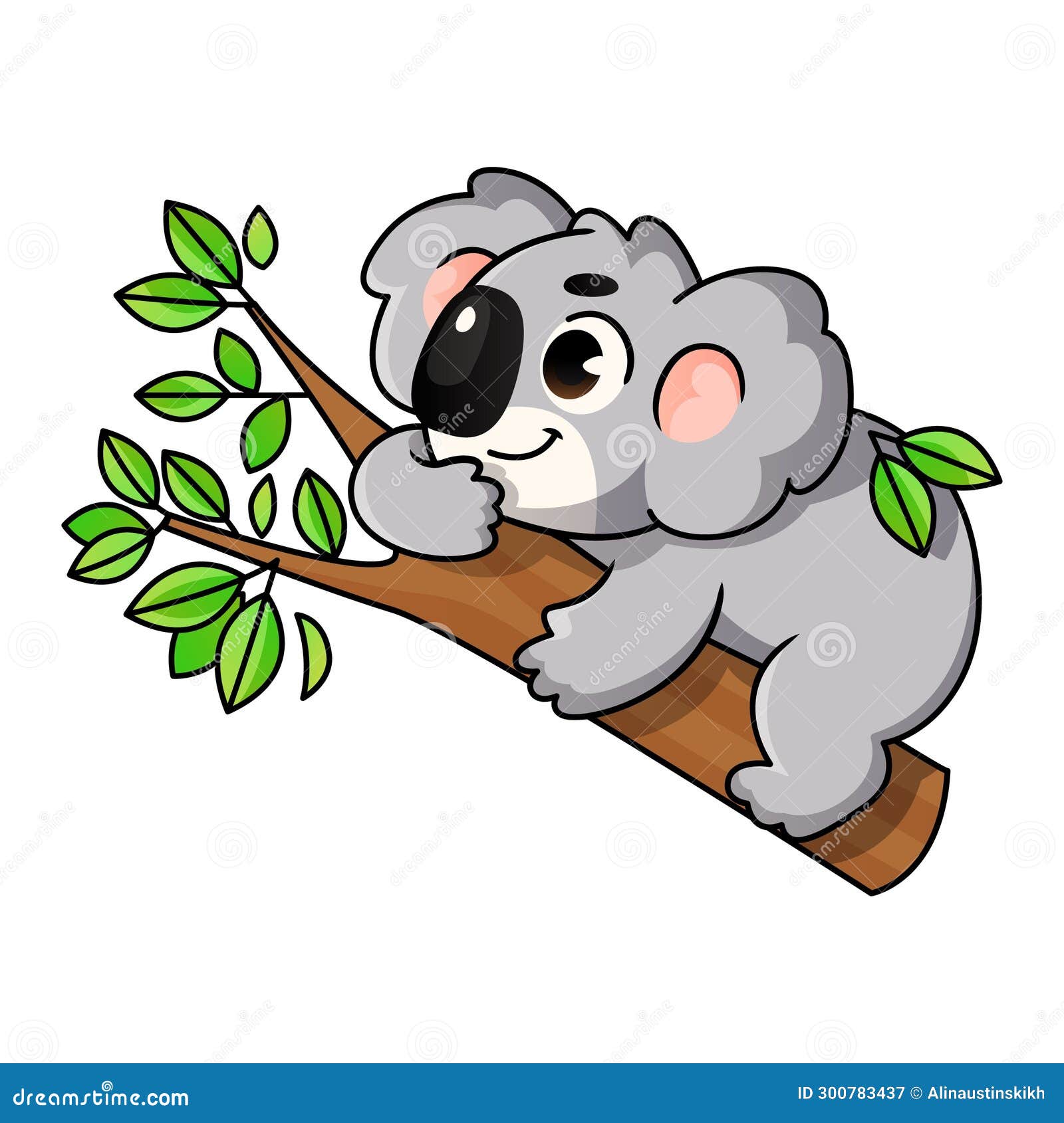 A Cute Cartoon Koala Character Lying on a Branch. Stock Illustration