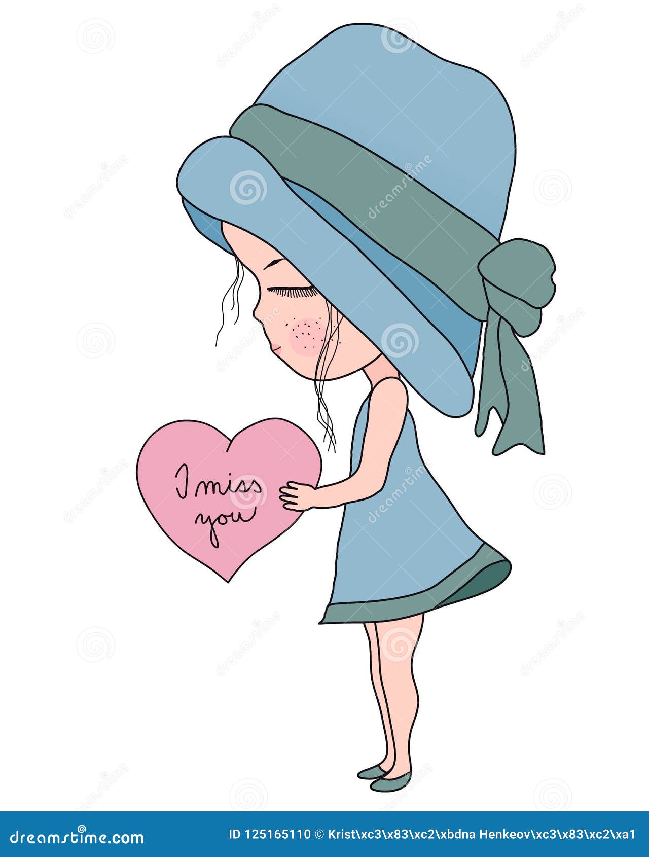 Cute Cartoon Little Girl in Blue Hat and Dress Holding Heart with Text I  Miss You, Simple Flat Sweet Vector Illustration Stock Vector - Illustration  of girl, person: 125165110