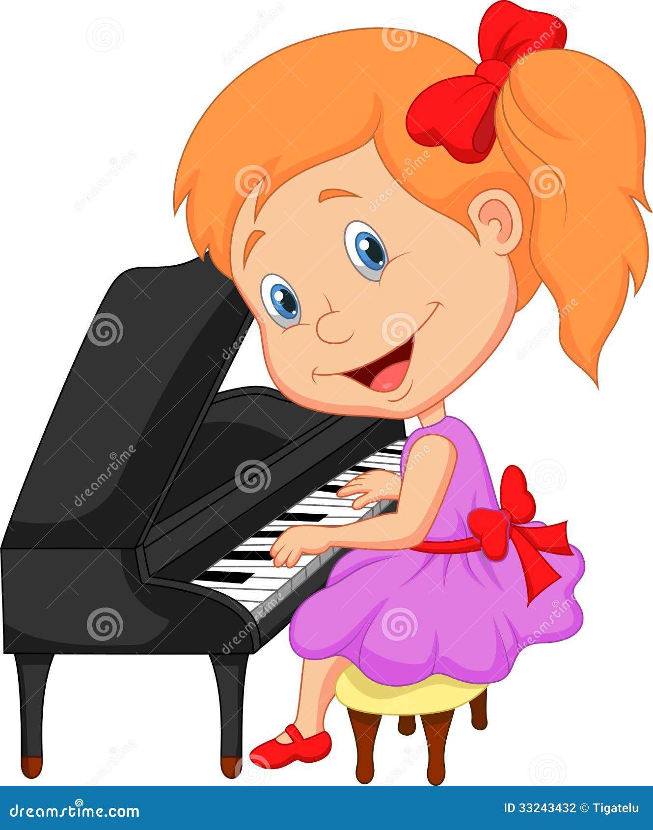 Cute Cartoon Little Girl Playing Piano Vector Illustration