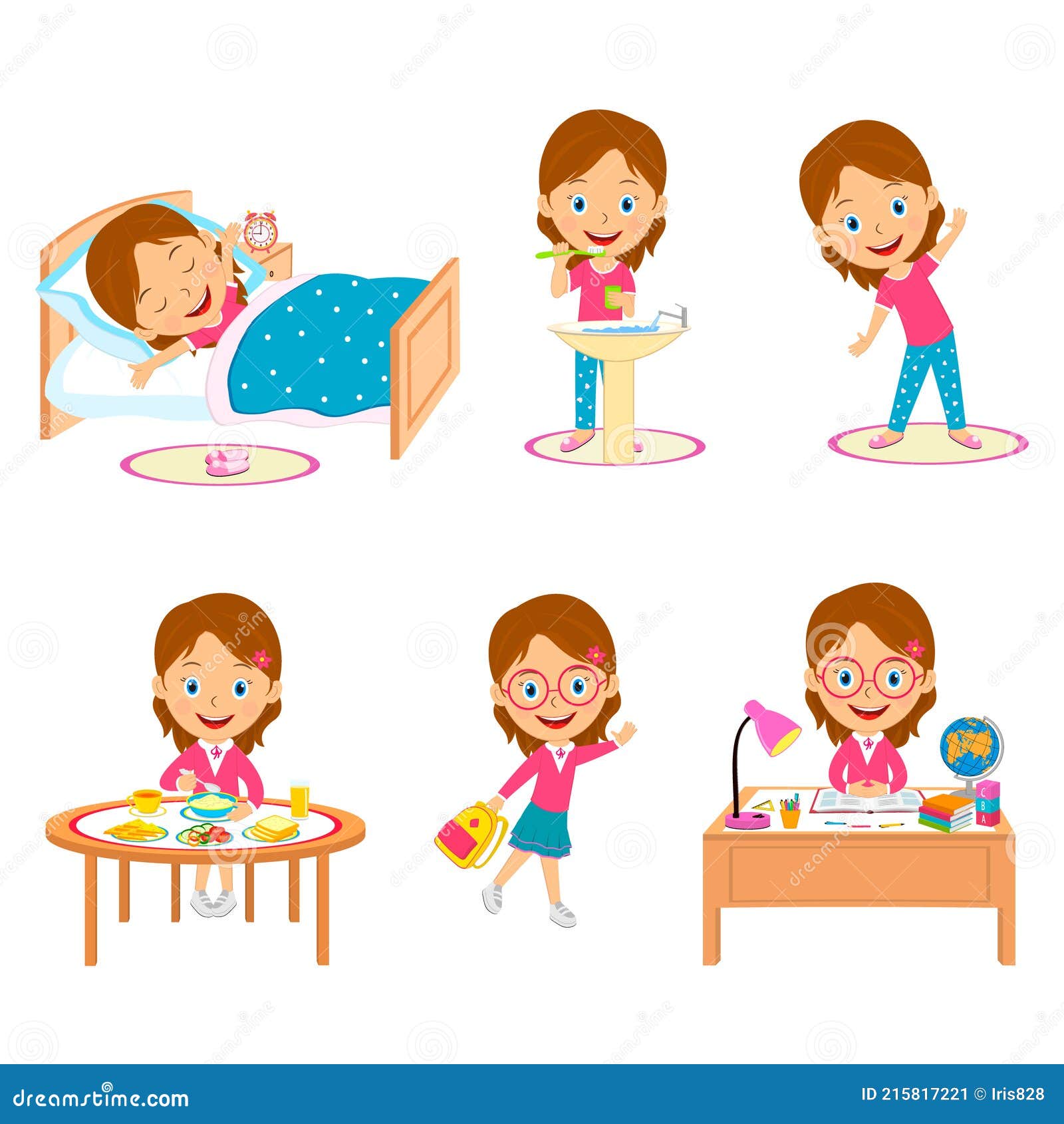 Cute Cartoon Little Girl daily Routine Stock Vector - Illustration of ...