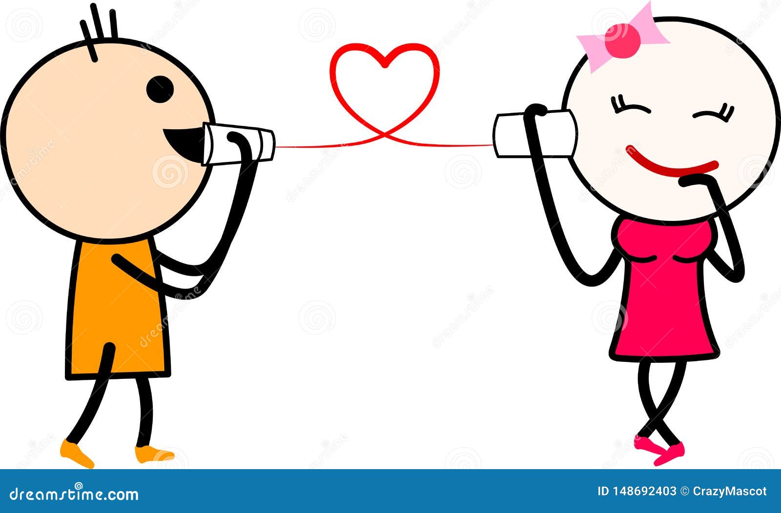 A Cute Cartoon Love Couple Talking on String Phone. Stock