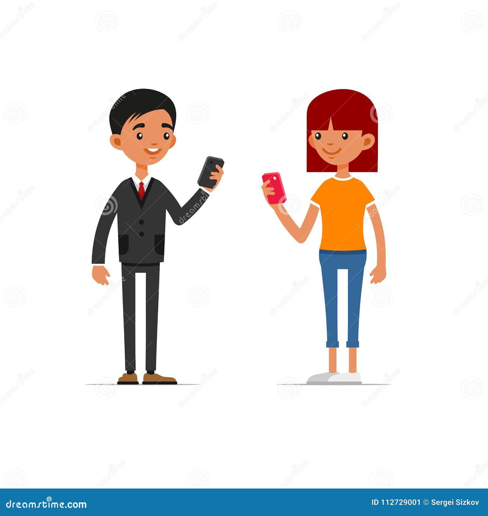 Cute Cartoon Man and Woman Holding Mobile Phones. Flat Style Vector Stock Vector - Illustration of selfie, fashion: 112729001 Cute Cartoon Man and Woman Holding Mobile Phones. Flat Style Vector Stock Vector - Illustration of selfie, fashion: 112729001