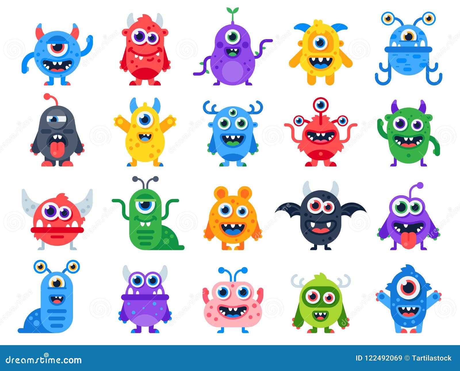 cute cartoon monsters. comic halloween joyful monster characters. funny devil, ugly alien and smile creature flat 