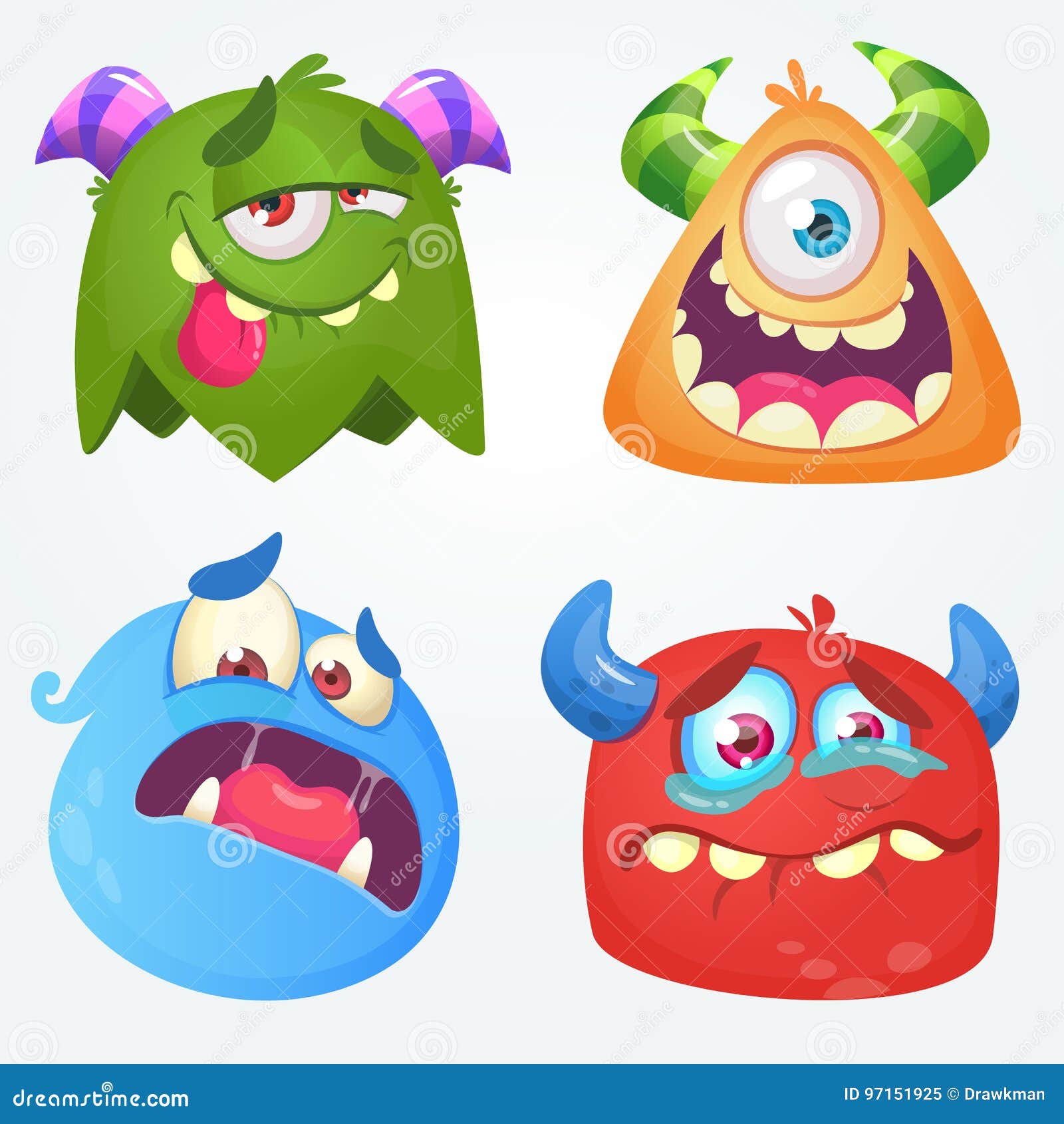 Cute Cartoon Monsters. Vector Set of 4 Halloween Monster Icons. Stock