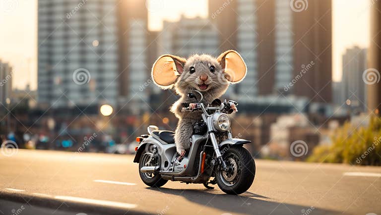 Cute Cartoon Mouse a Motorcycle Cheerful Funny Fun Design Mammal Stock