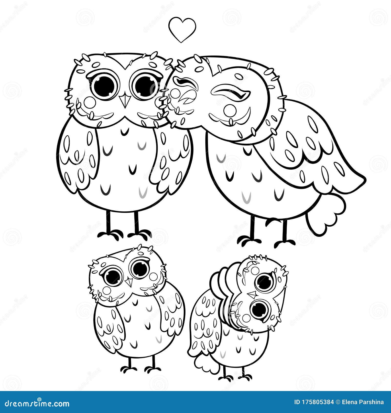 Cute Cartoon Owl Family Vector Coloring Page Outline. Male And Female