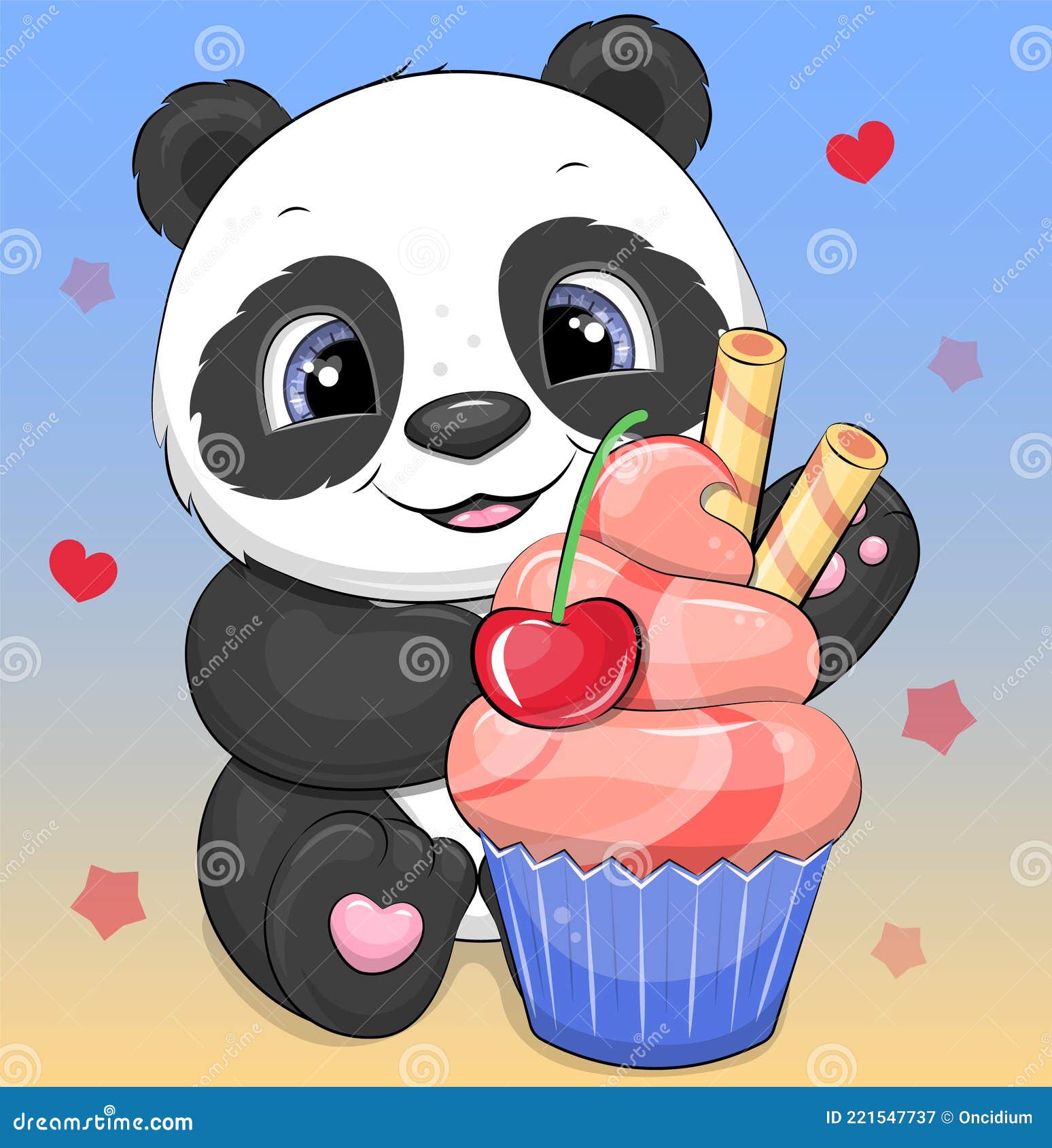 Cute Cartoon Panda with Cherry Cupcake. Stock Vector - Illustration of  background, animal: 221547737