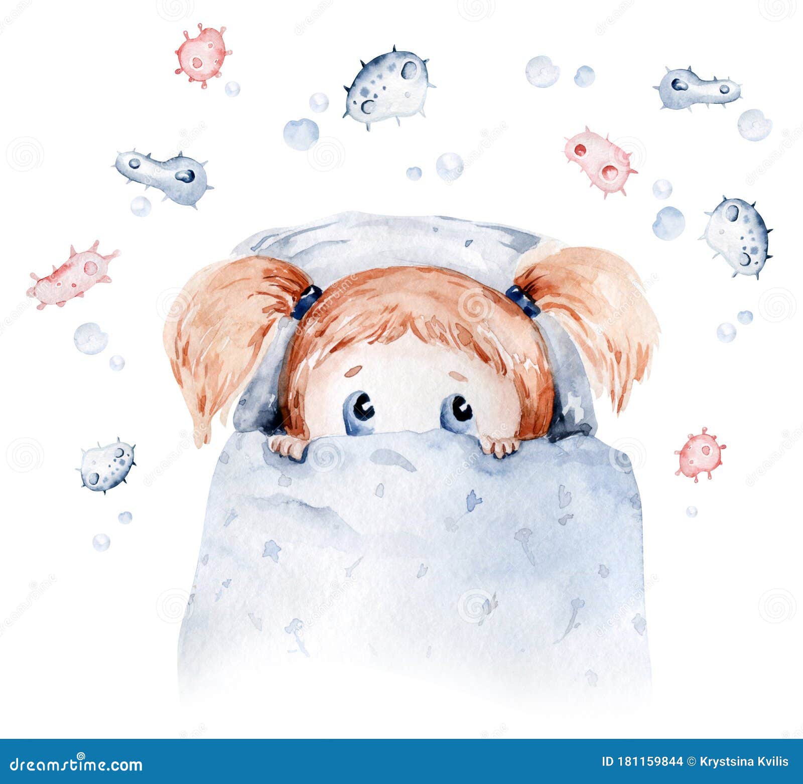 Cute Cartoon Pediatrics Girl Character Lie in Bed with a Cold. Pills,  Ambulance, Mask, Bacteria, Viruses, Coronavirus Stock Photo - Image of  children, baby: 181159844