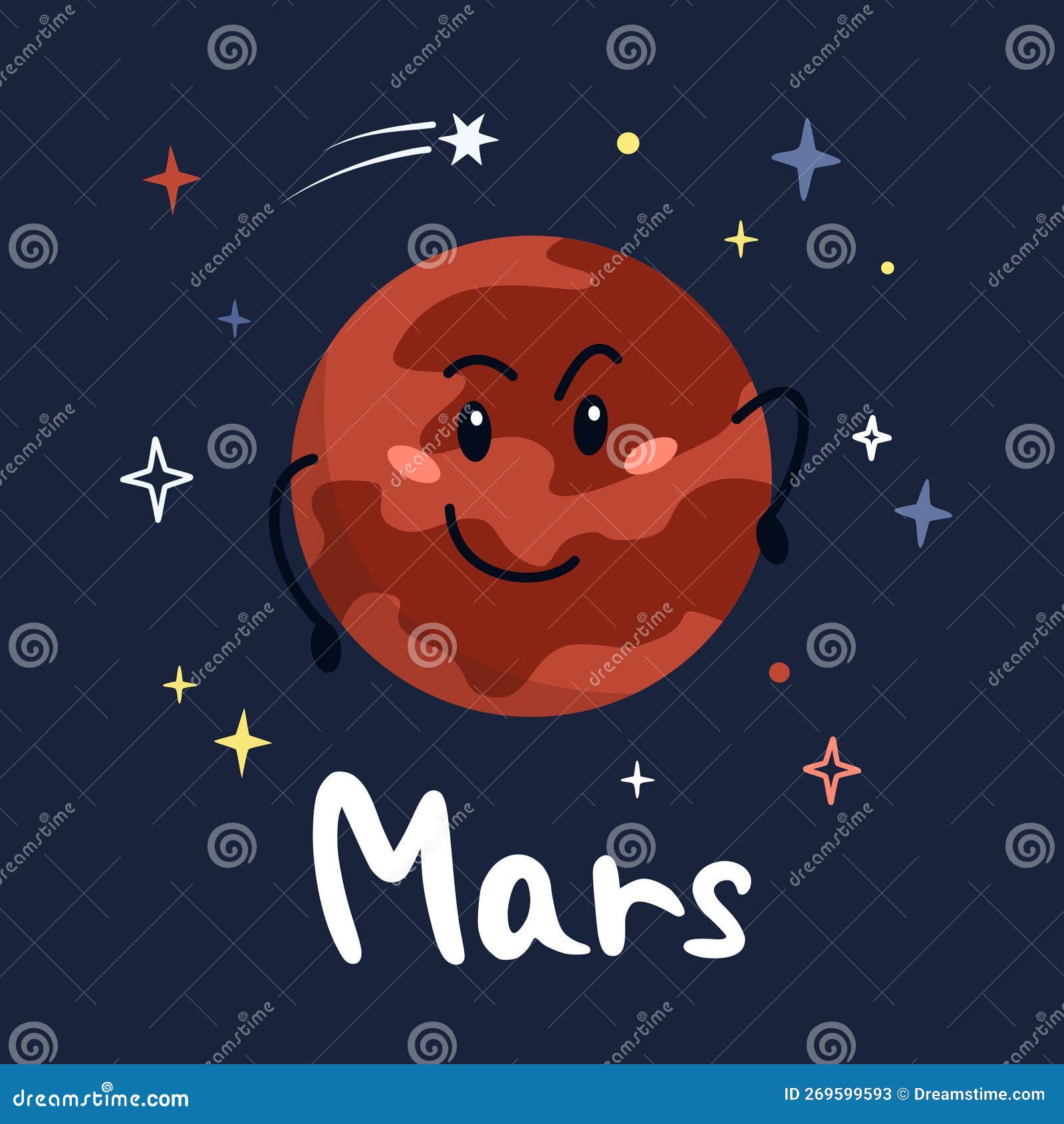 Cute Cartoon Planet Character Mars with Funny Face. Poster Solar System ...